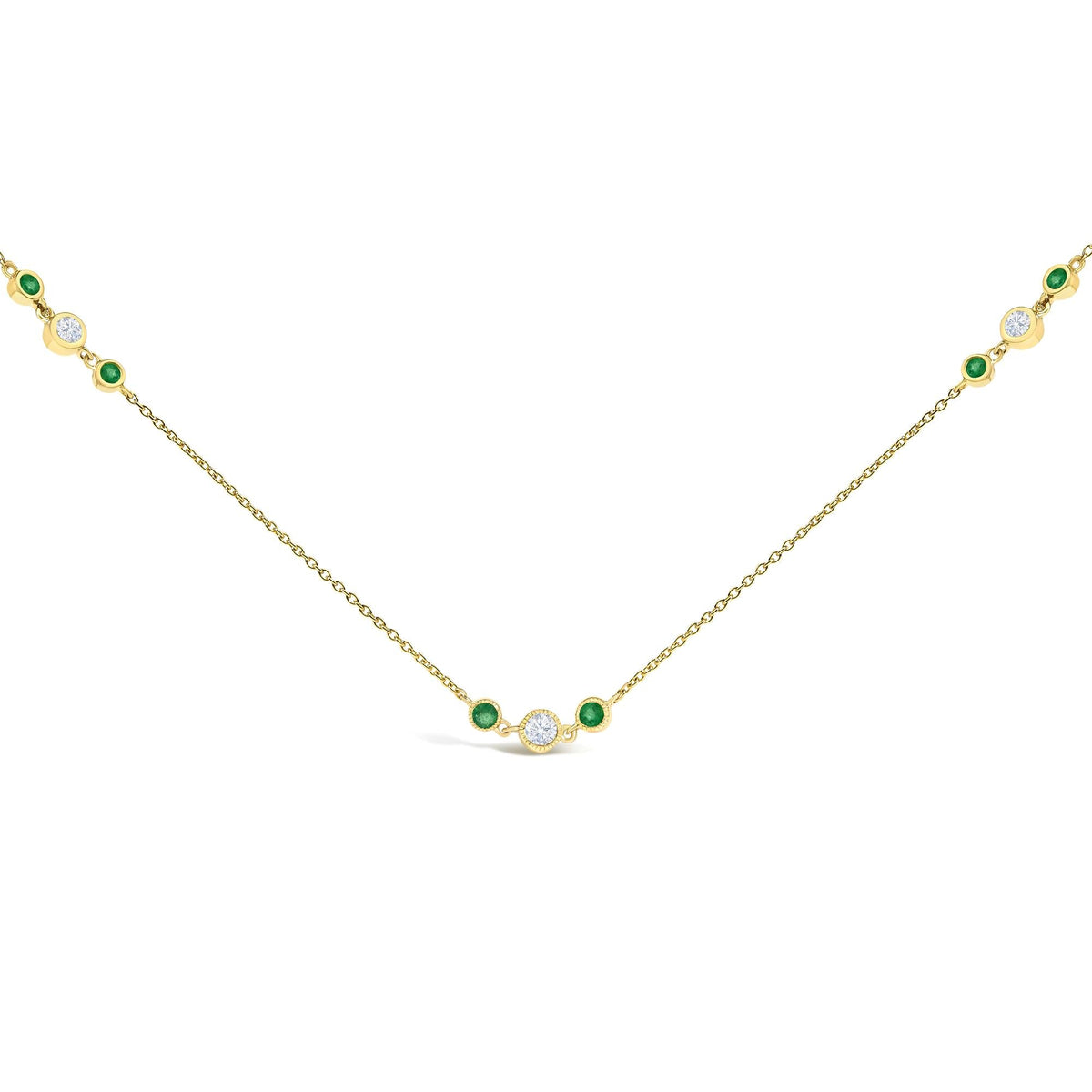 14K Yellow Gold Emerald and 1/2 Cttw Diamond Station Necklace