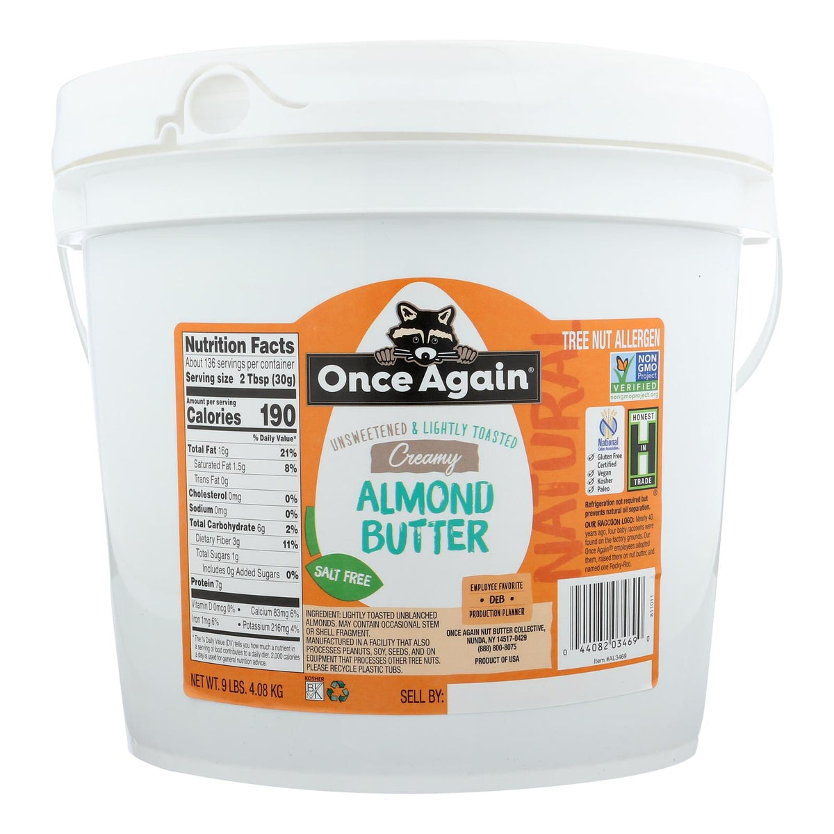 Once Again Natural Butter Smooth Almond (9lb) - Single Bulk Item