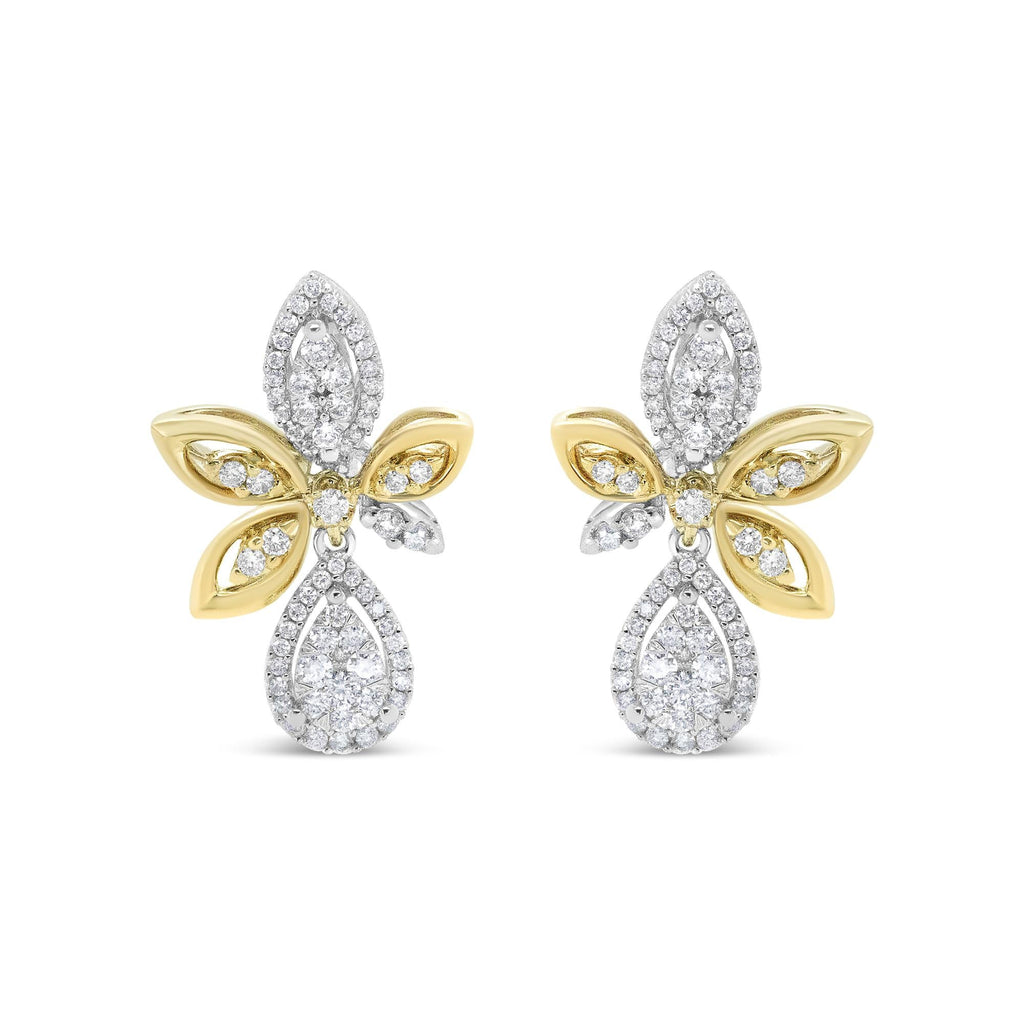 14K White and Yellow Gold 1.00 Cttw Round Pave-Set Diamond Teardrop and Marquise Shape Drop Dangle Earrings (H-I Color, SI1-SI2 Clarity)