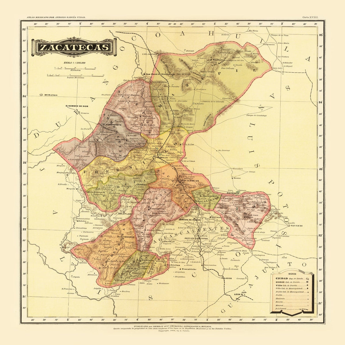 Vintage Map of Zacatecas Mexico, 1886
