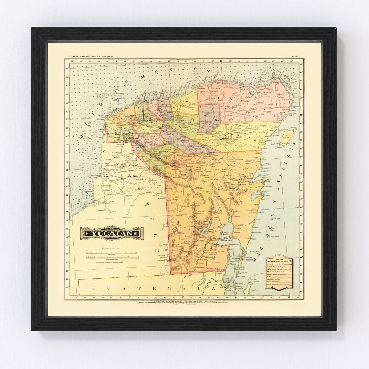 Vintage Map of Yucatan Mexico, 1886