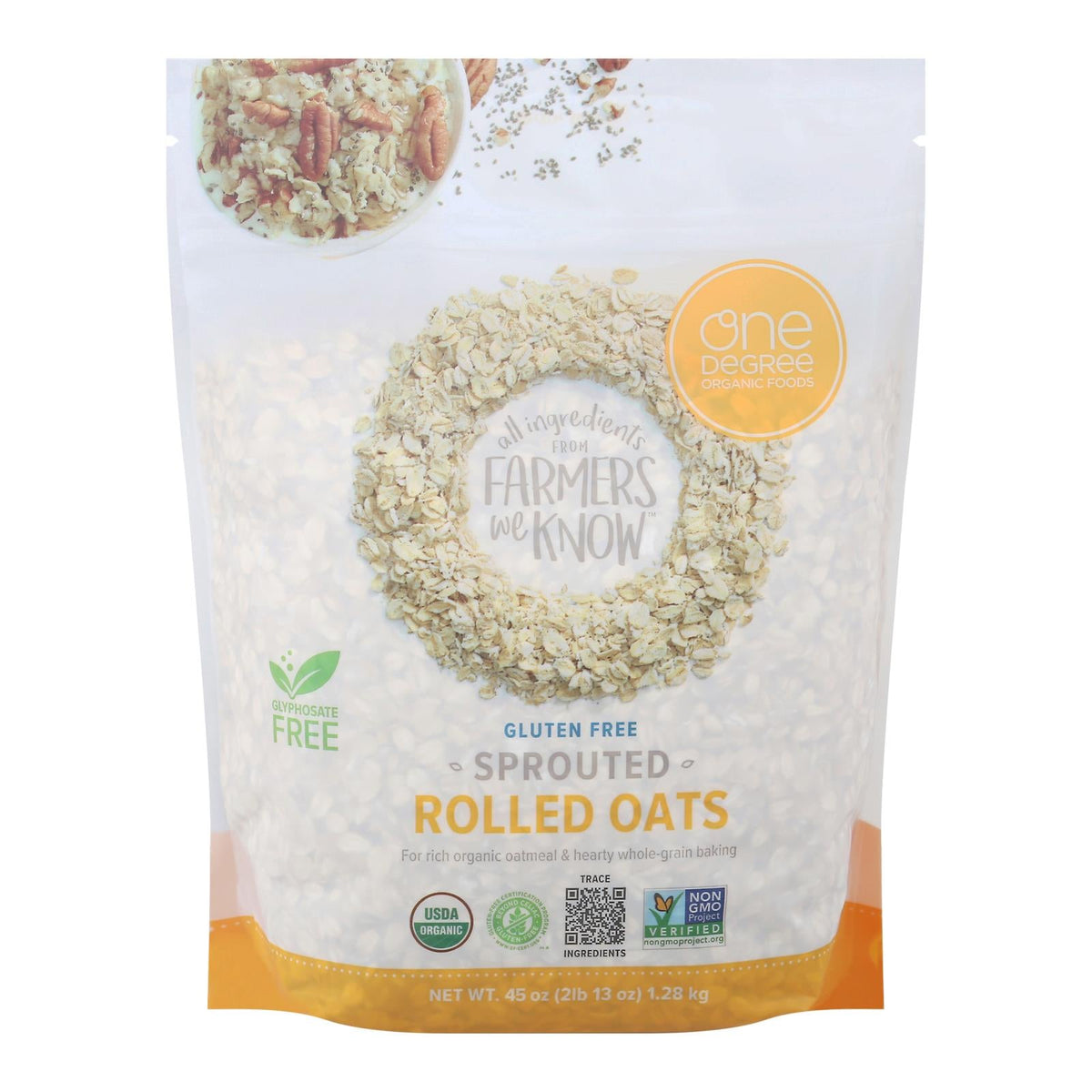One Degree Organic Foods Sprouted Rolled Oats, 45 oz (Case of 4)