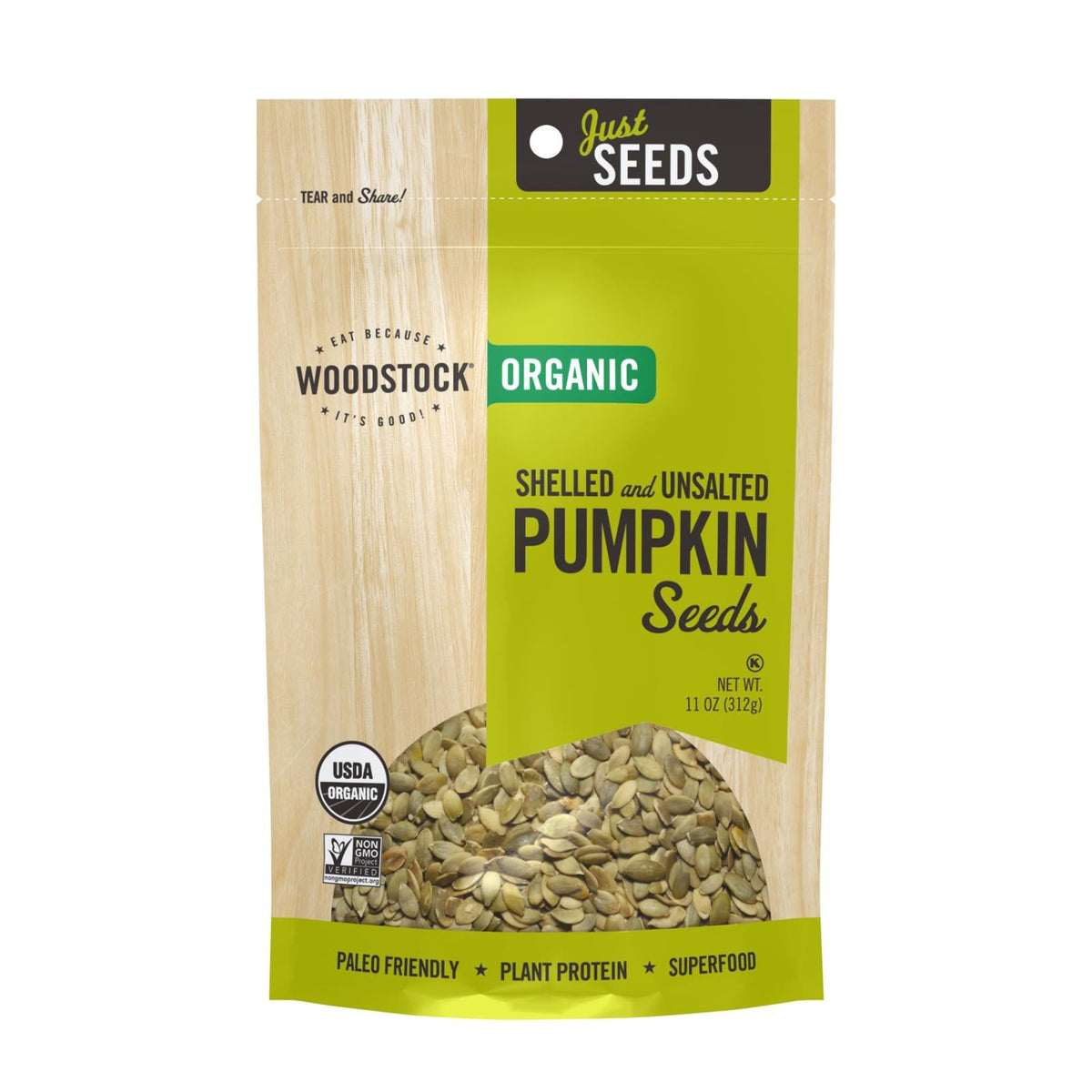 Woodstock Organic Shelled Unsalted Pumpkin Seeds, 11 oz (Case of 8)
