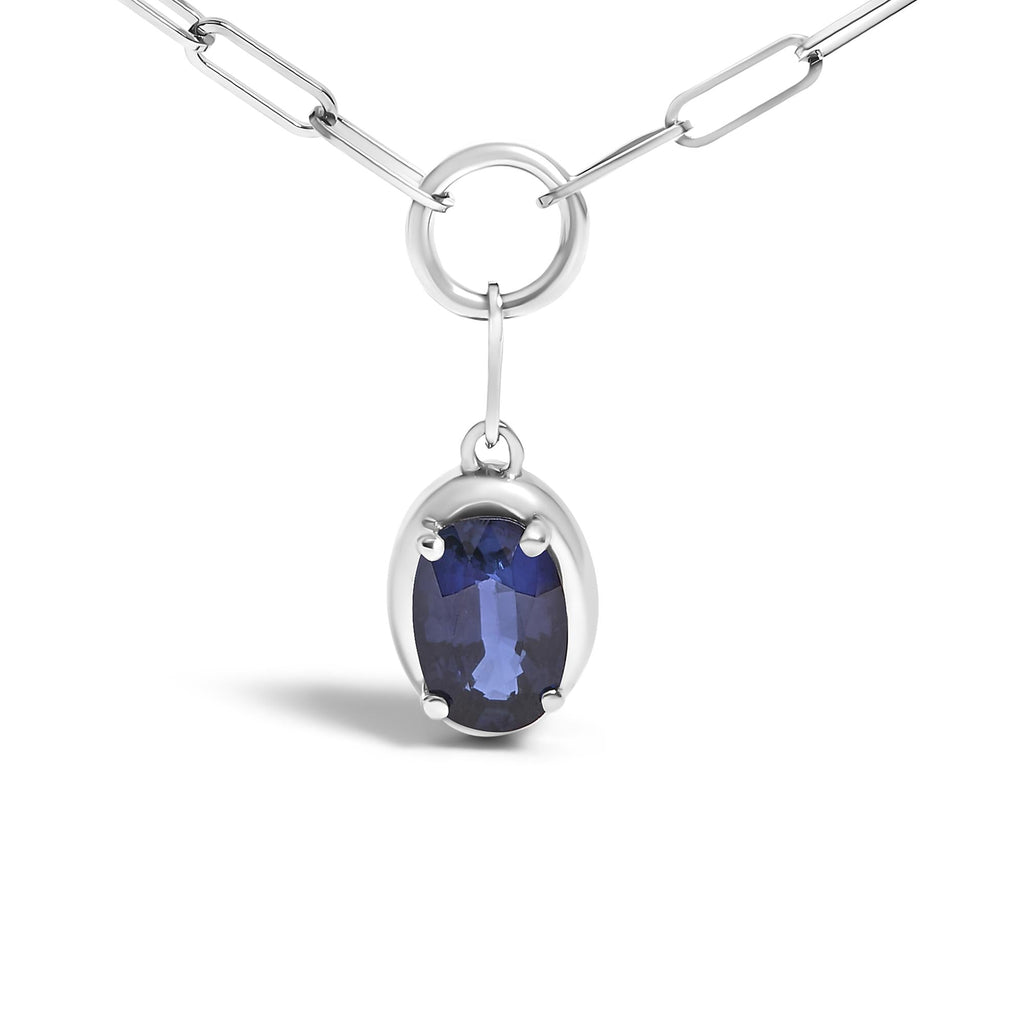 10K White Gold 6x4 mm Oval Blue Sapphire Solitaire Paperclip Pendant Necklace - 18" Inches