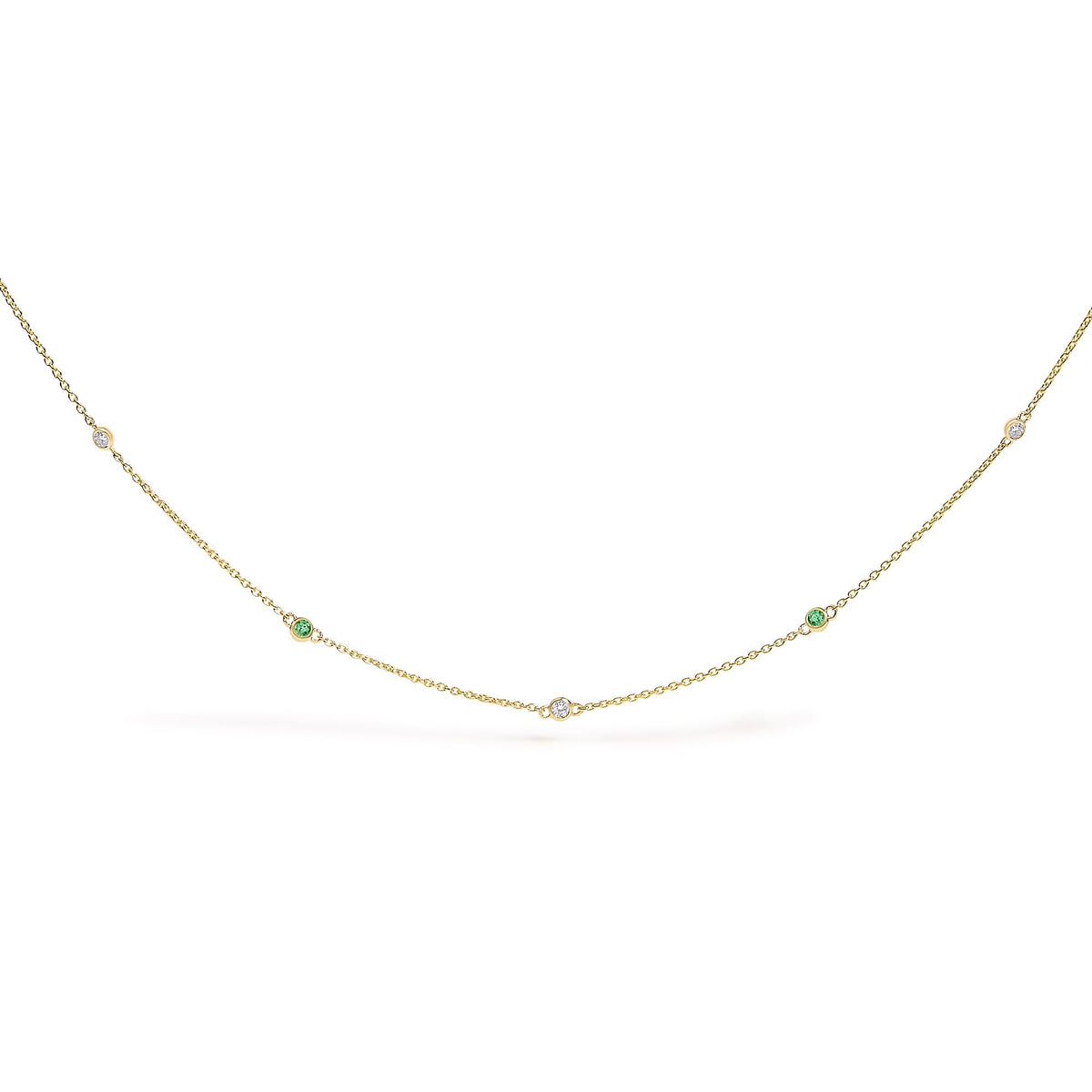 14K Yellow Gold Bezel Set Alternating Green Emerald and Diamond Station Necklace - 18" Inches