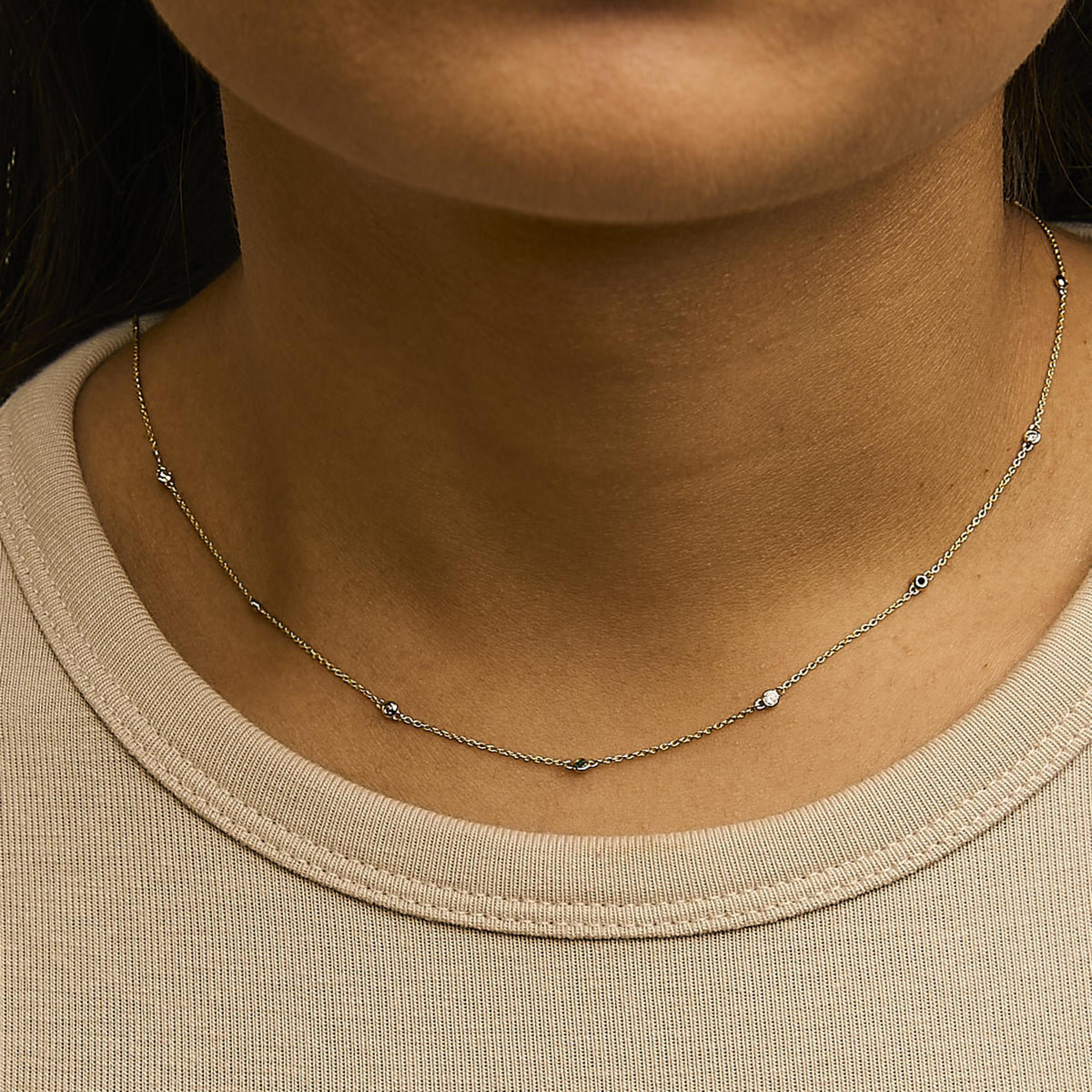 14K Yellow Gold Bezel Set Alternating Green Emerald and Diamond Station Necklace - 18" Inches