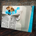 Dog Reading Newspaper On Toilet Canvas Wall Art