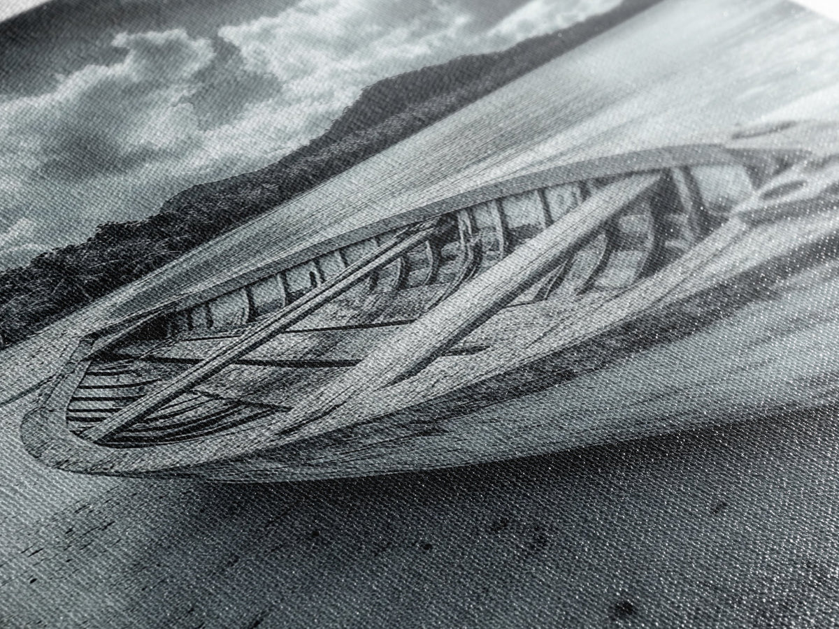 Abandoned Rowboat, Tropical Coastline, Vintage Travel Vibes, Black and White Canvas Print, Beach House or Coastal Living Wall Art