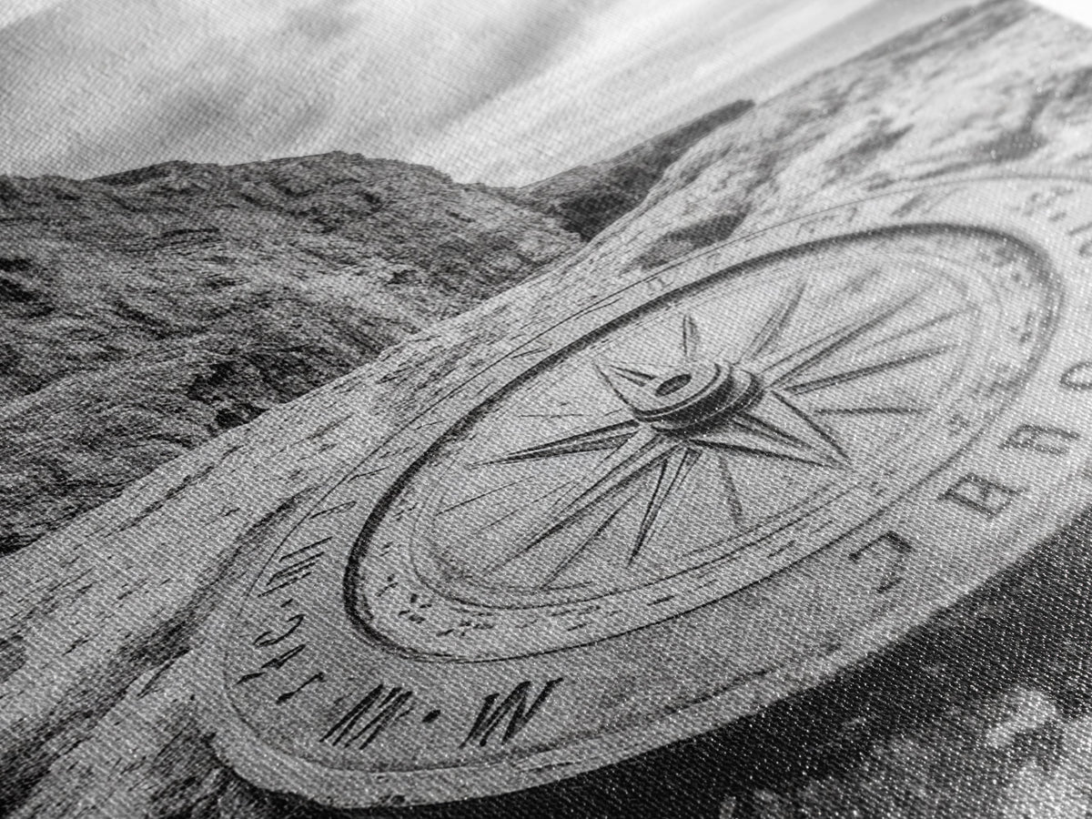 Compass On Cliff, Adventure Travel Art, Nautical Wall Decor, Framed Canvas Print, Rustic Office Art, Nature Explorer Gift Idea
