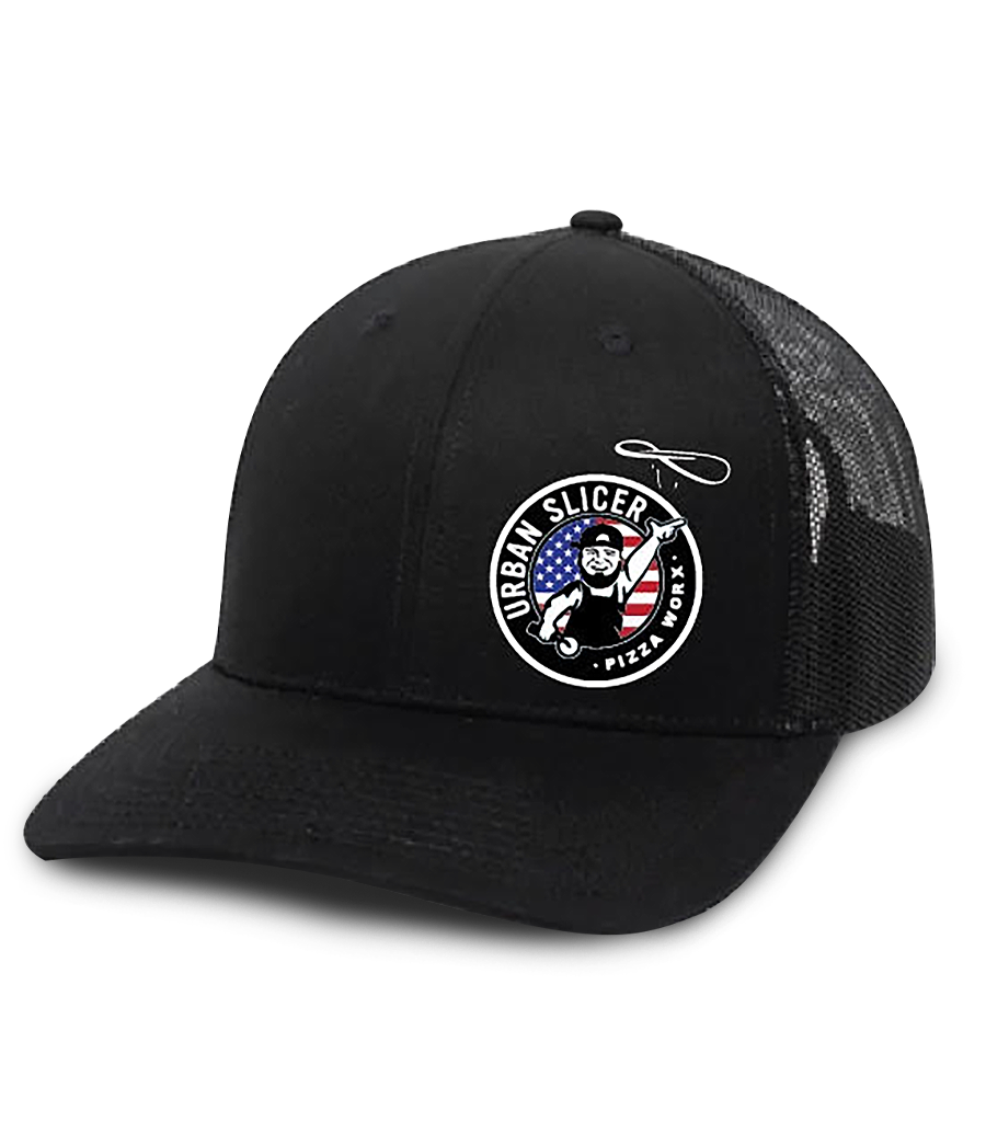 Snap Back Hat - Black Side Red White and Blue Logo