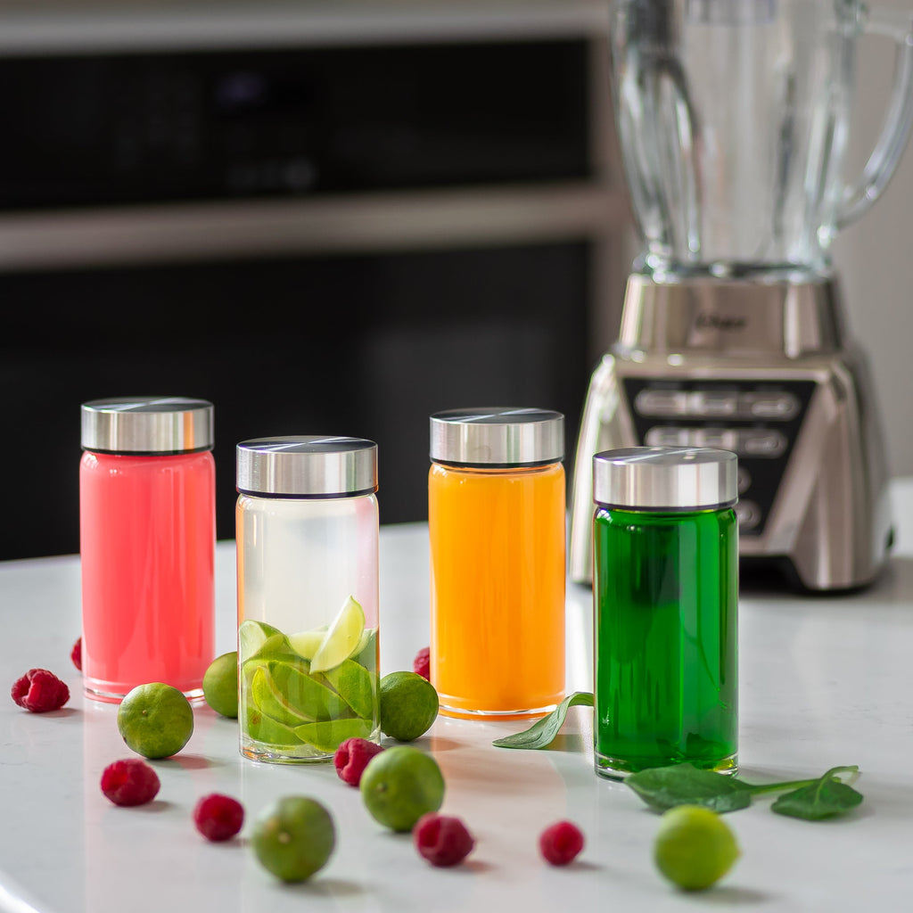 Skinny Series Wide Mouth Glass Bottles Set w/ Stainless Steel Lids, 10 oz
