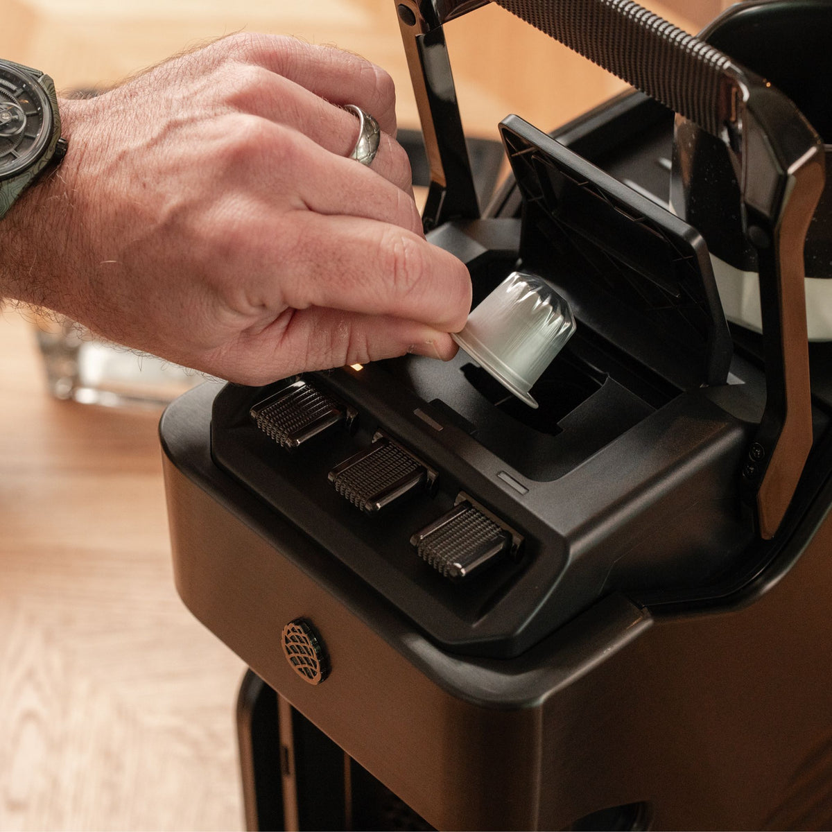 Line1 Espresso and Coffee Machine: Brushed Nickel & Saddle