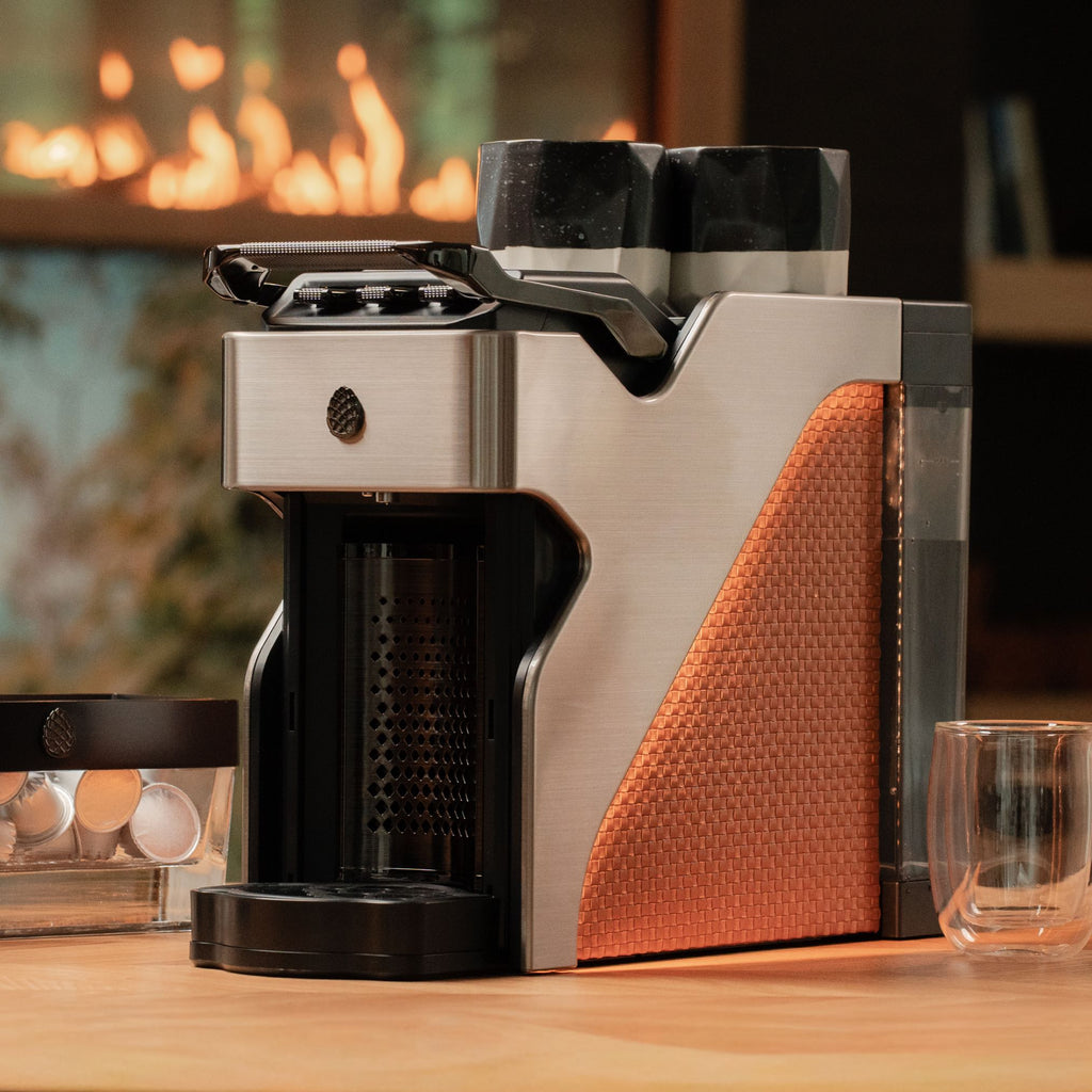 Line1 Espresso and Coffee Machine: Brushed Silver & Saddle