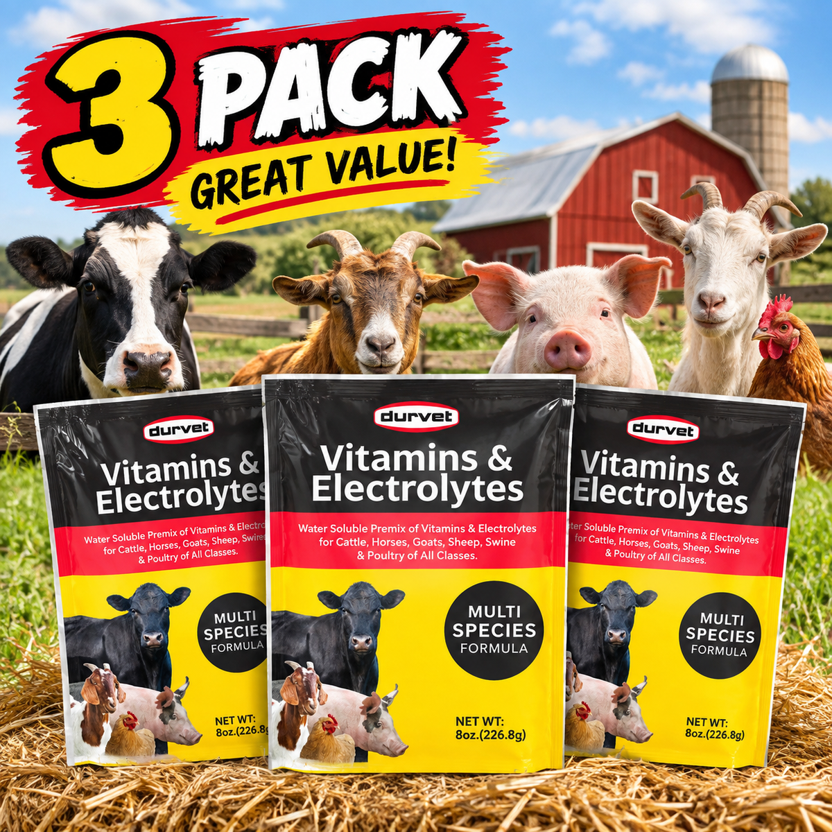 Durvet Vitamins & Electrolytes for Poultry Swine Ruminants & Horses 8 oz. 3-Pack