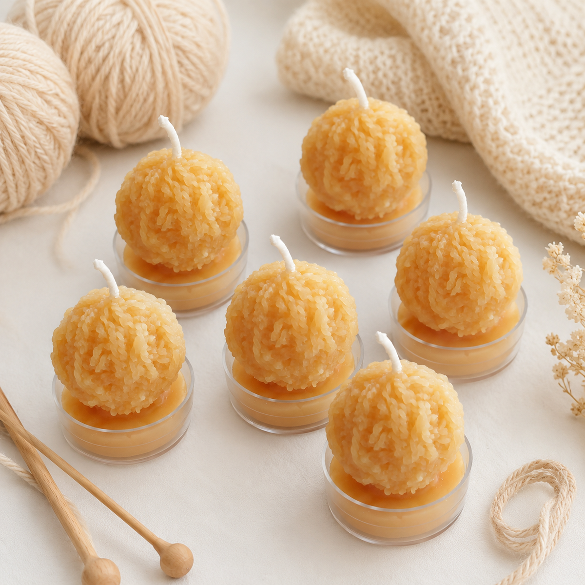 Yarn Ball Beeswax Tealight Candles