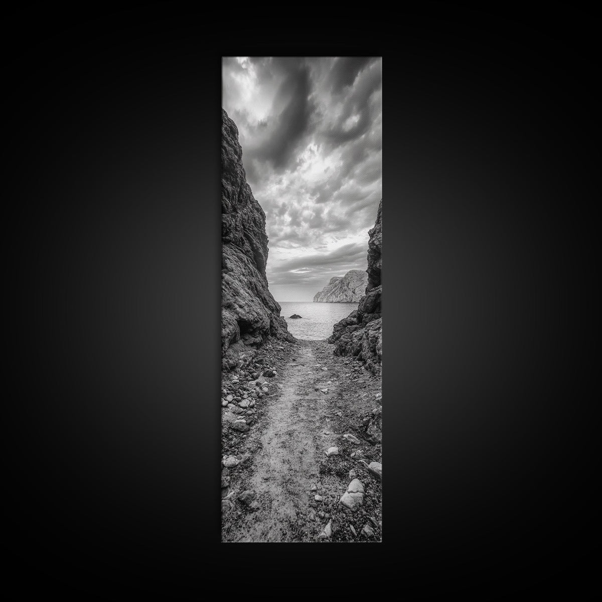 Rocky Pathway, Seaside Trail, Cloudy Horizon, Framed Canvas Print, Moody Coastal Wall Art, Nature Inspired, Monochrome Travel Decor