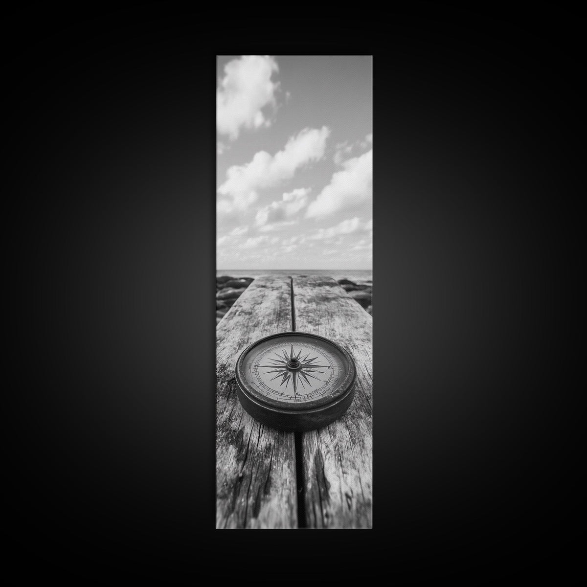 Vintage Compass, Weathered Wood, Ocean Horizon, Canvas Print, Nautical Wall Art, Study Room Decor, Travel Adventure Theme, Library Decor