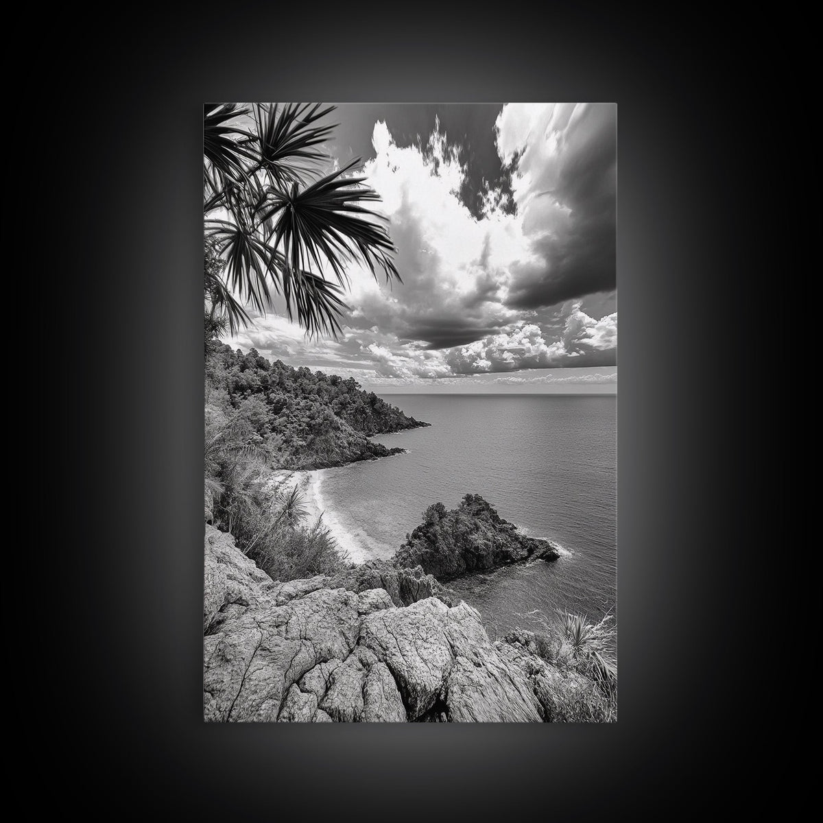 Island View Cliffs, Tropical Shoreline, Black and White Seascape, Framed Canvas Print, Bathroom Art, Travel Decor, Coastal Vibe