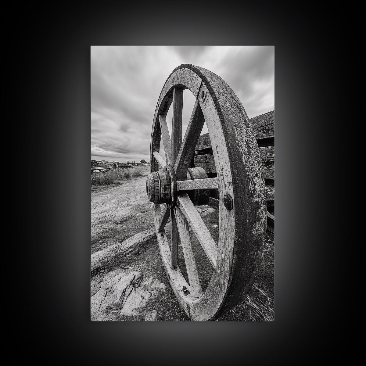 Rustic Wagon Wheel, Country Road, Western Wall Decor, Framed Canvas Print, Farmhouse Style, Living Room Art, Vintage Photography