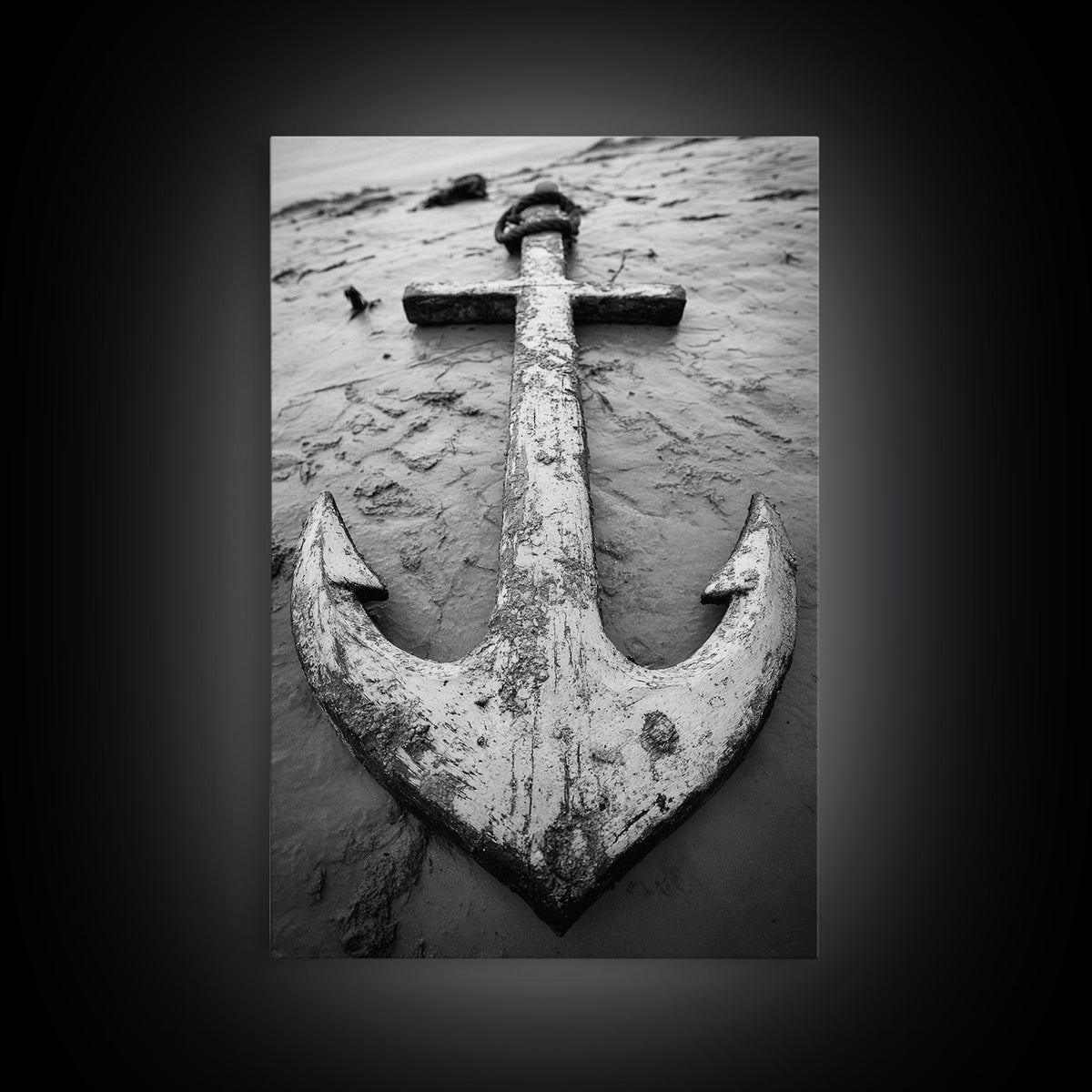 Abandoned Anchor, Nautical Decor, Black White Beach, Framed Canvas Print, Rustic Coastal Wall Art, Entryway Nautical Accent