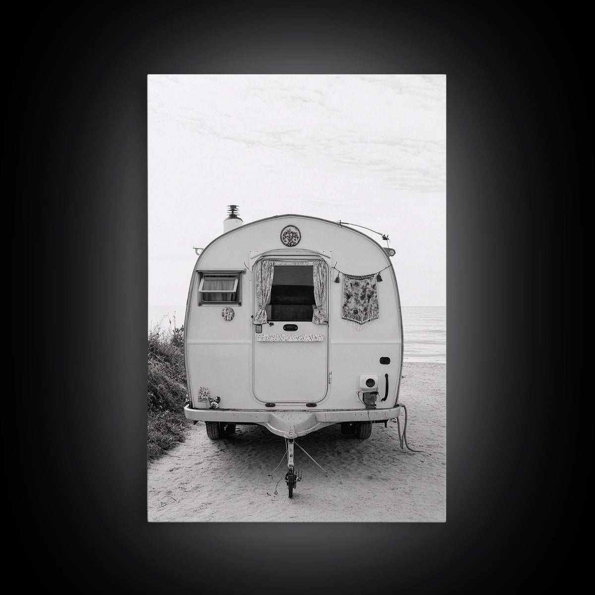 Camper, Vintage, Beach, Boho - Coastal trailer life, Framed Canvas Print, retro decor, great bedroom or travel-inspired office art, black white