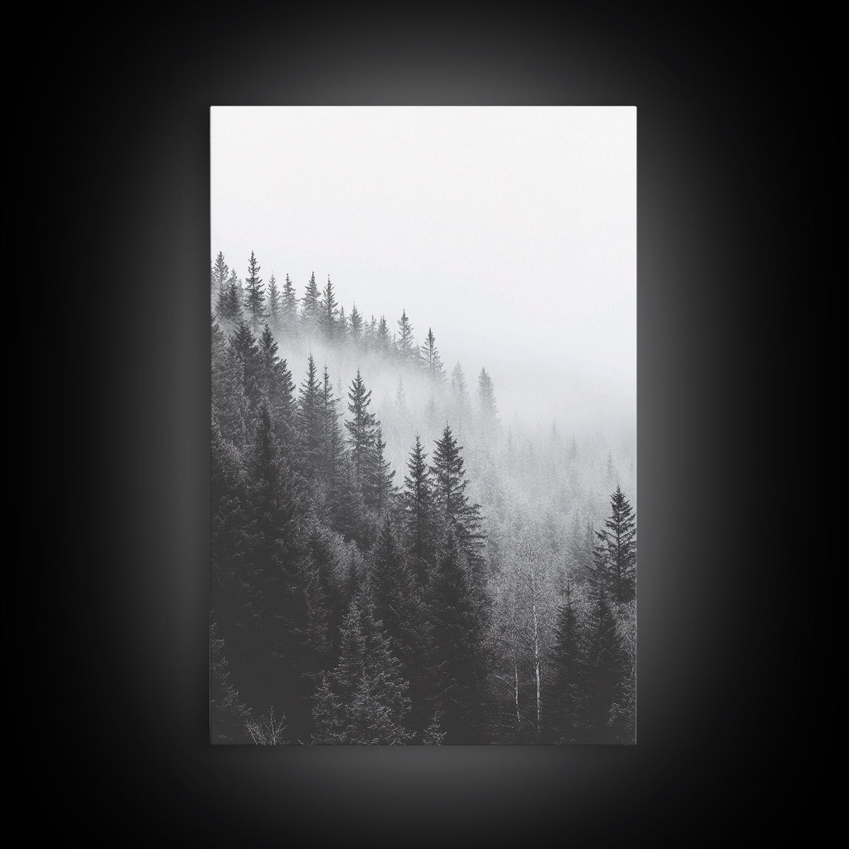 Misty Forest, Pine Trees, Foggy Morning, Canvas Print, Moody Nature Wall Art, Nordic Bedroom Decor, Monochrome Forest Landscape