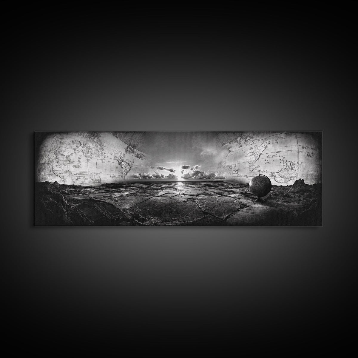 World Map, Globe Horizon, Explorer’s Dream, Canvas Print, Travel Wall Art, Surreal Photography, Study Room Adventure Decor