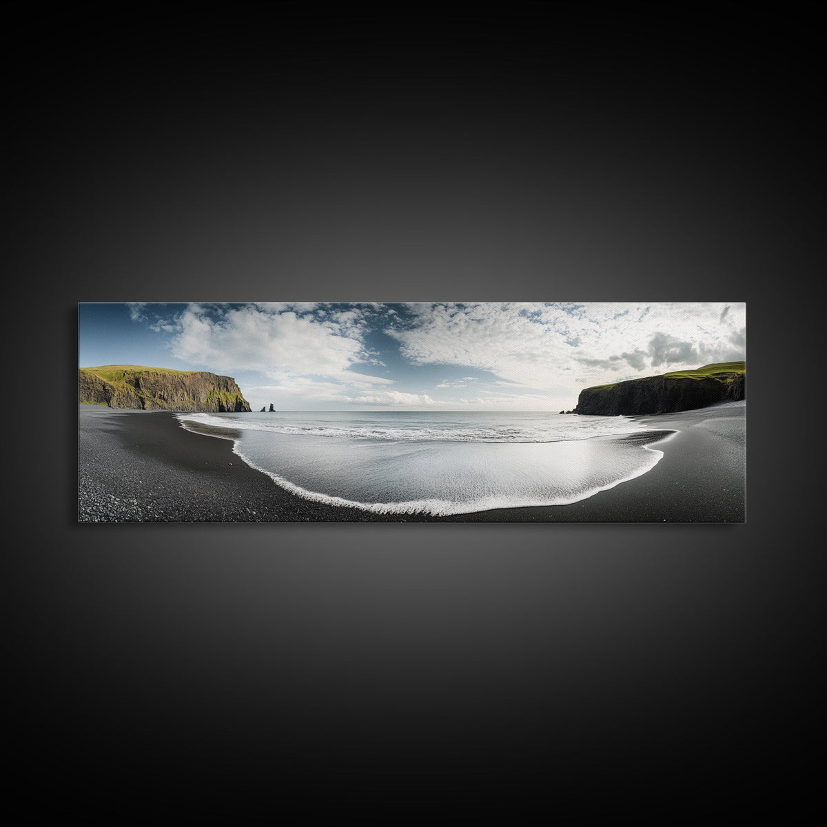Black Sand Beach, Coastal Cliffs, Ocean Horizon, Icelandic Shore, Framed Canvas Print, Living Room Wall Art, Travel Landscape, Nature Decor