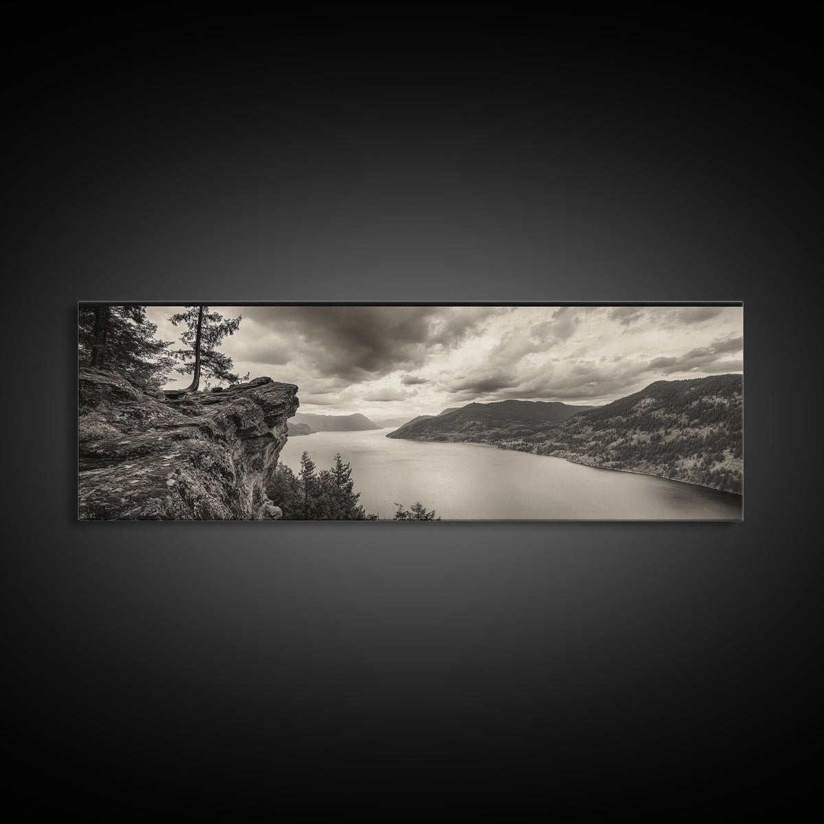 River Cliff View, Forested Mountains, Timeless Horizon, Framed Canvas Print, Living Room Wall Art, Cabin Rustic Decor, Moody Nature Art