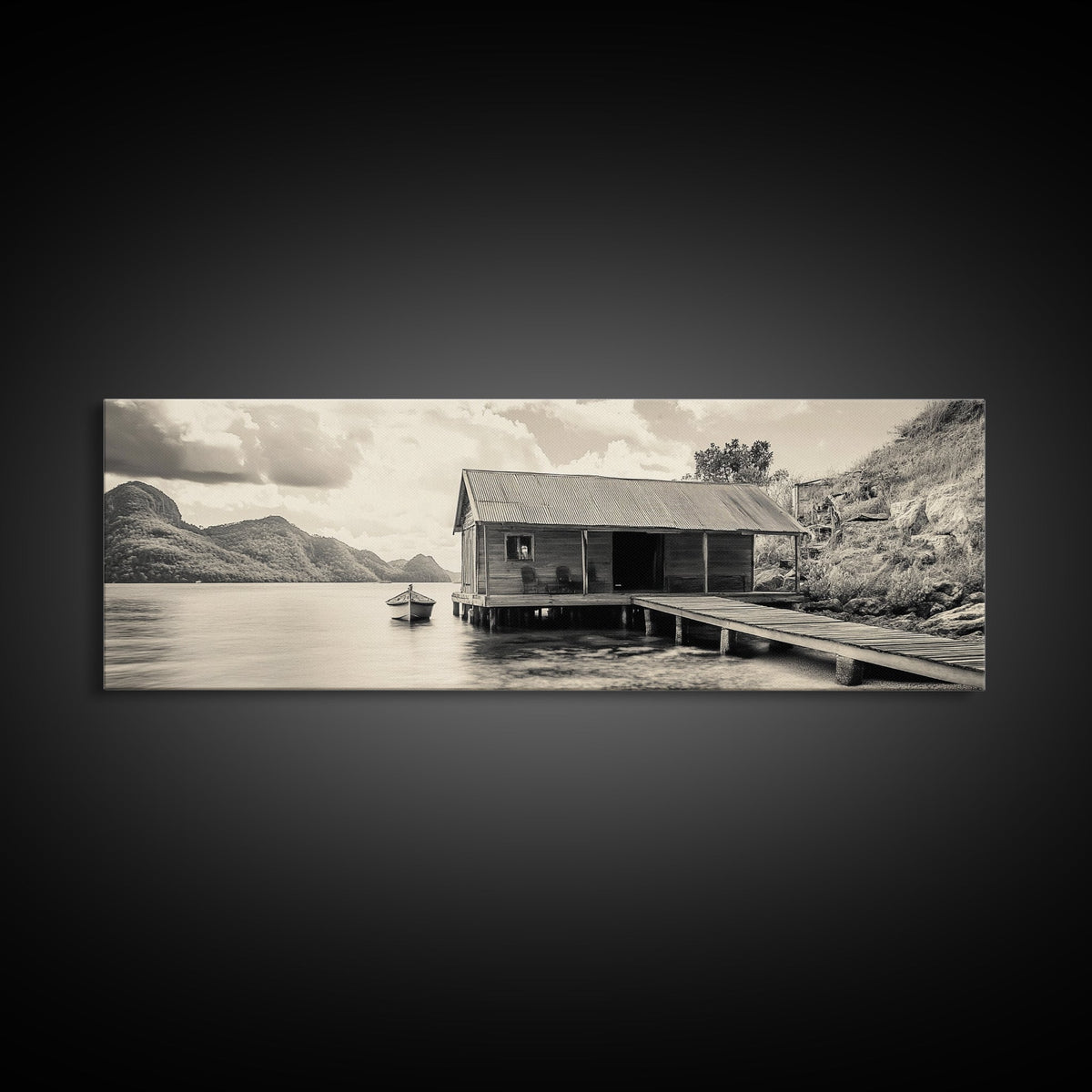 Lake Cabin, Rustic Dock, Mountain View, Serene Water, Framed Canvas Print, Entryway Wall Art, Vintage Travel Decor, Cozy Lakehouse Art