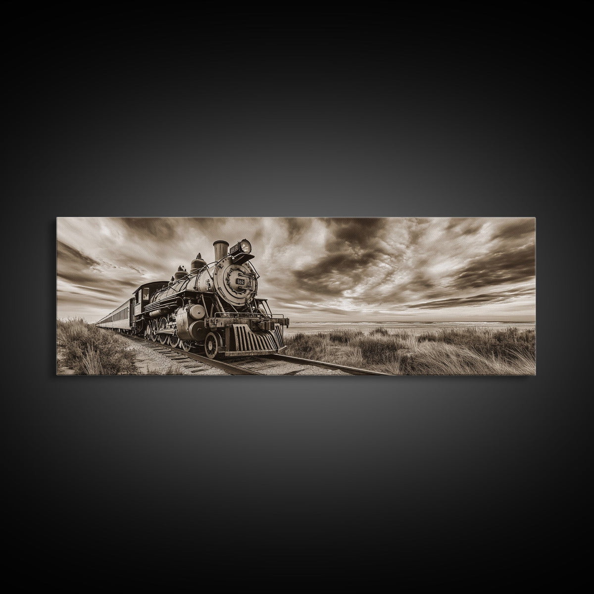 Vintage Train, Desert Steam, Rustic Travel, Western Railroad, Framed Canvas Print, Industrial Decor, Man Cave Wall Art, Rustic Western Art