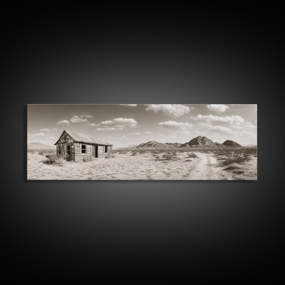 Desert Cabin, Rustic Shack, Western Landscape, Framed Canvas Print, Sepia Wall Art, Office Decor, Vintage Desert Scene