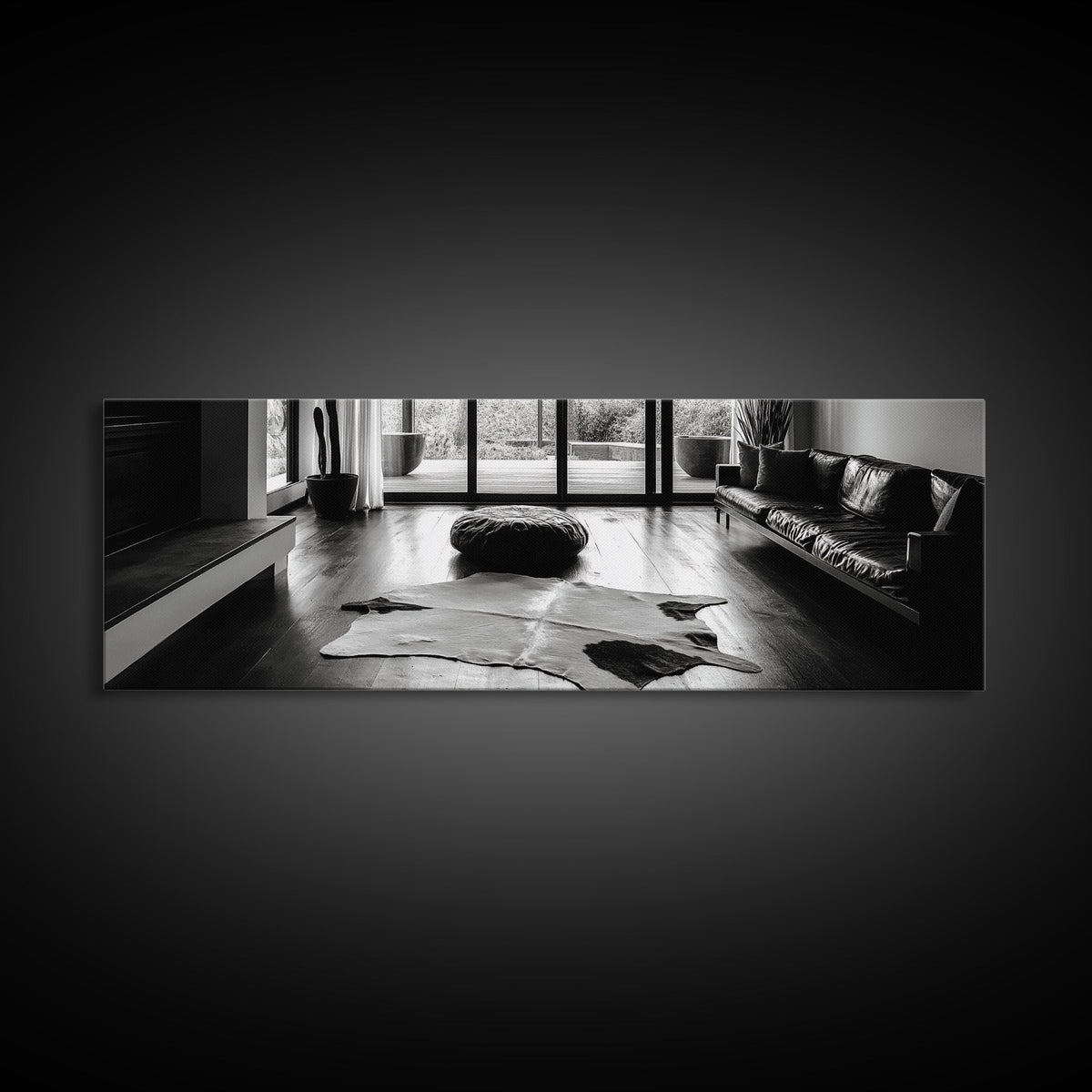 Modern Living, Minimalist Decor, Cowhide Rug, Framed Canvas Print, Neutral Aesthetic Wall Art, Luxury Living Room Design Accent