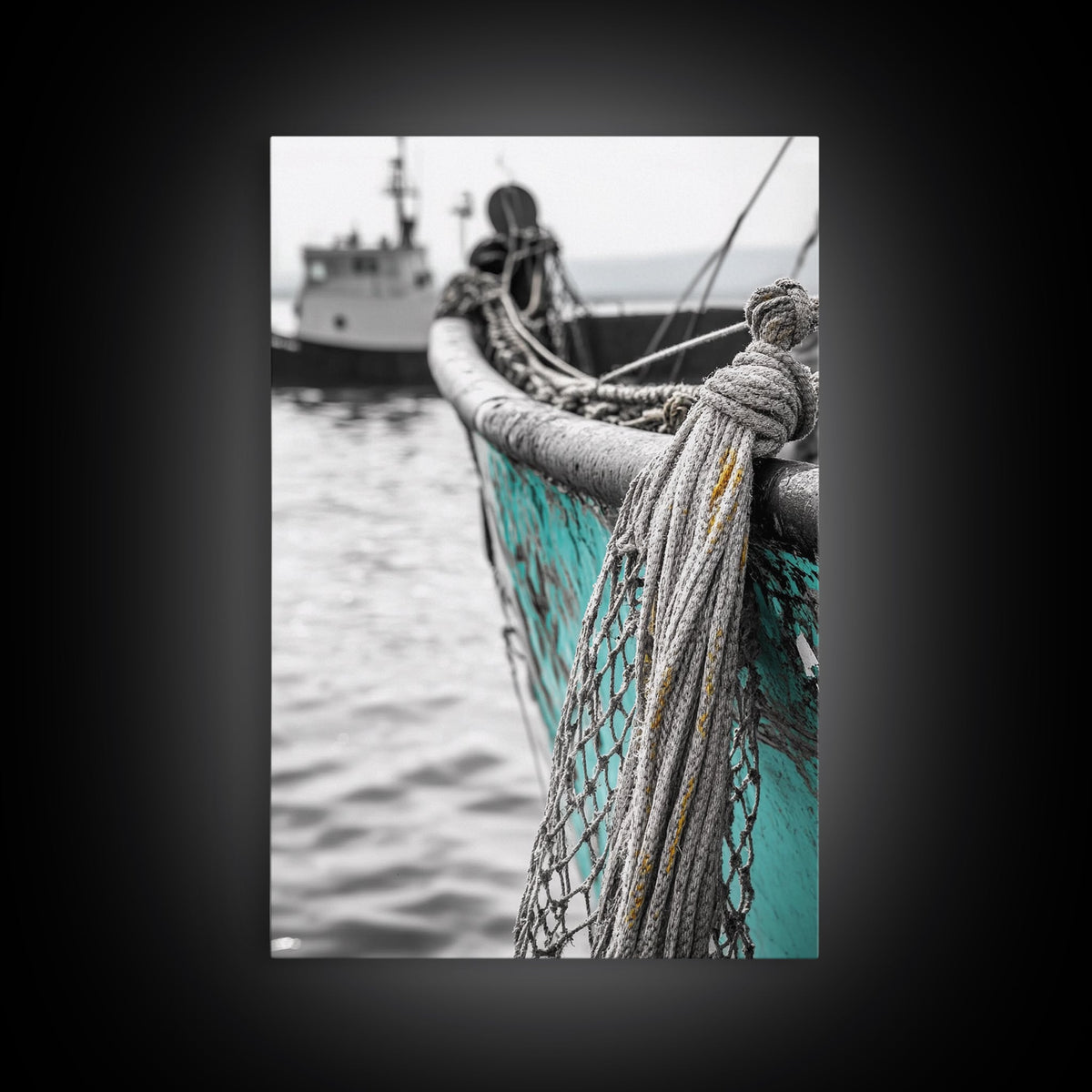 Nautical Texture, Vintage Boat, Rope Detail, Fishing Vessel, Framed Canvas Print, Coastal Wall Art, Rustic Decor, Maritime Photography