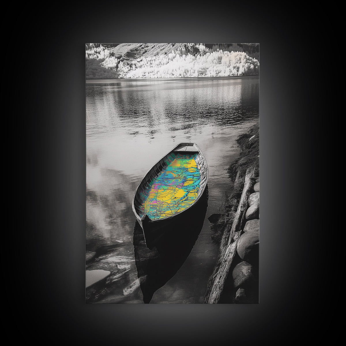 Rowboat Map Interior, Lake Reflections, Artistic Travel Theme, Canvas Print, Cabin Wall Art, Unique Lake House Decor, Explorer Style