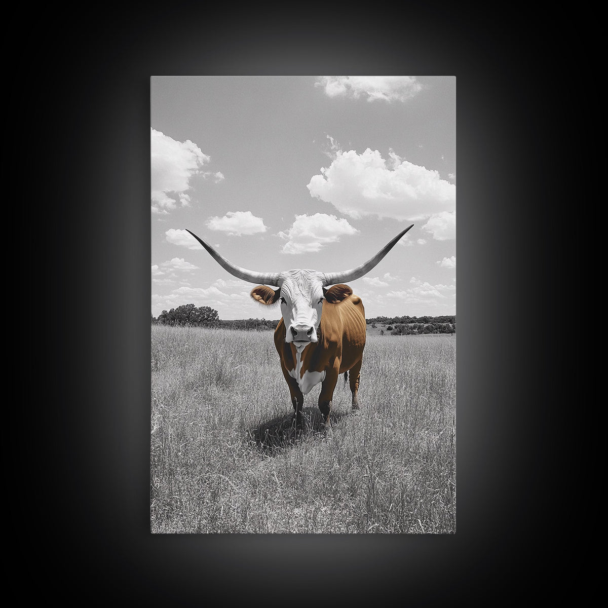 Longhorn Steer, Texas Plains, Rustic Bull, Western Framed Canvas Print, Farmhouse Wall Art, Country Ranch Decor, Fall Color Accent