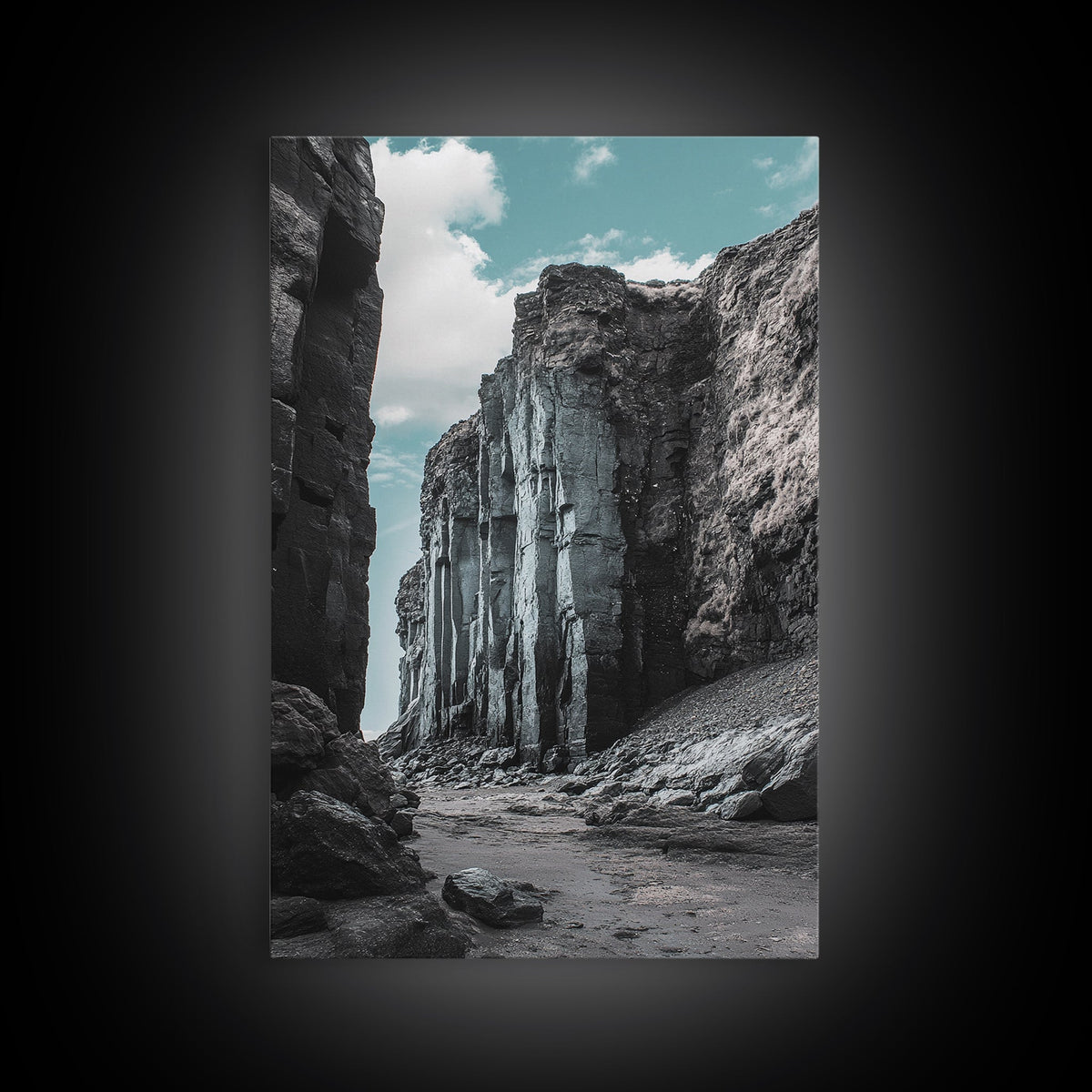 Canyon Rocks, Earth Tones, Cliff Path, Scenic Sky, Framed Canvas Print modern rustic art, desert wall decor, hallway landscape canvas