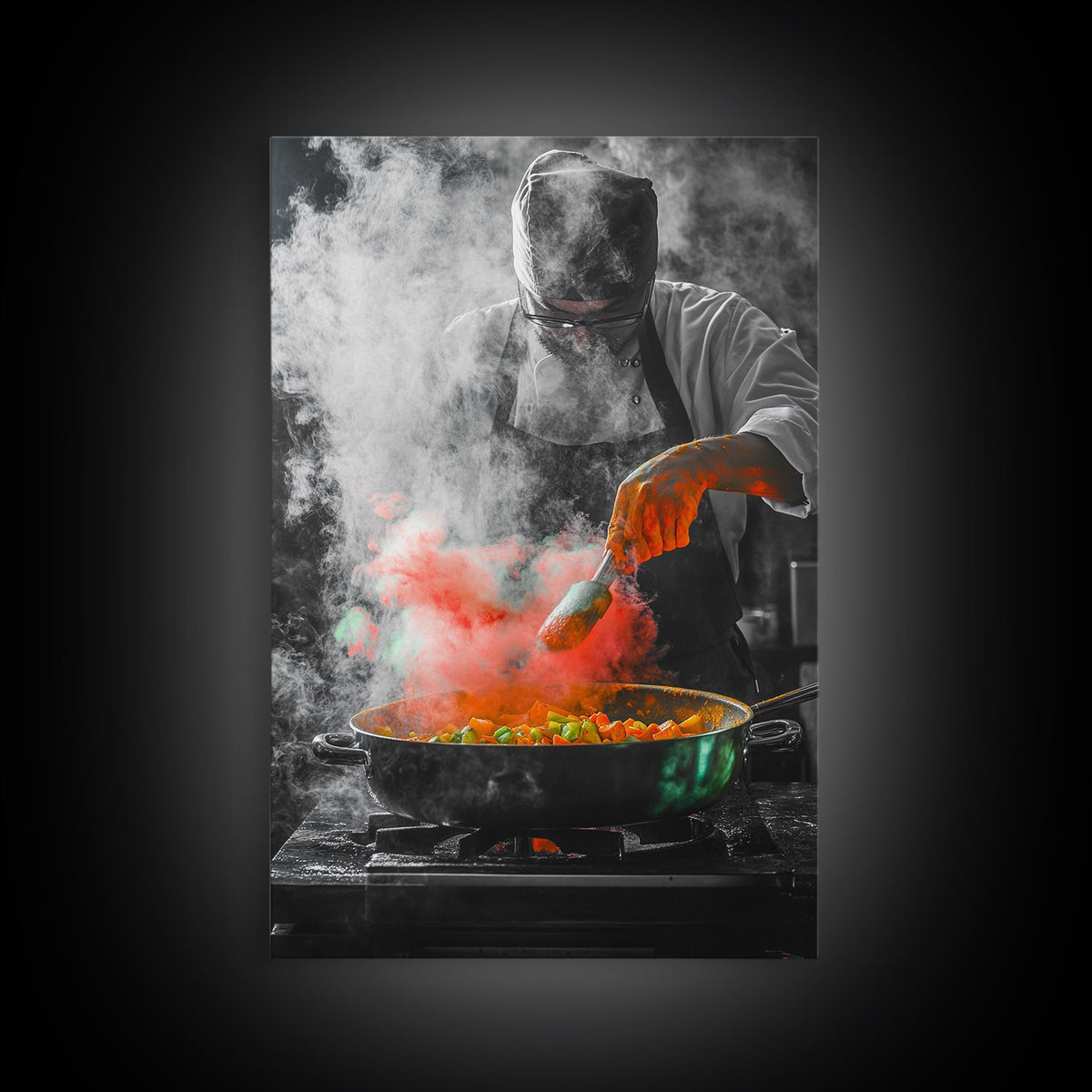Chef Cooking, Kitchen Smoke, Artistic Culinary Scene, Framed Canvas Print, Modern Kitchen Wall Art, Vibrant Food Art, Chef Decor