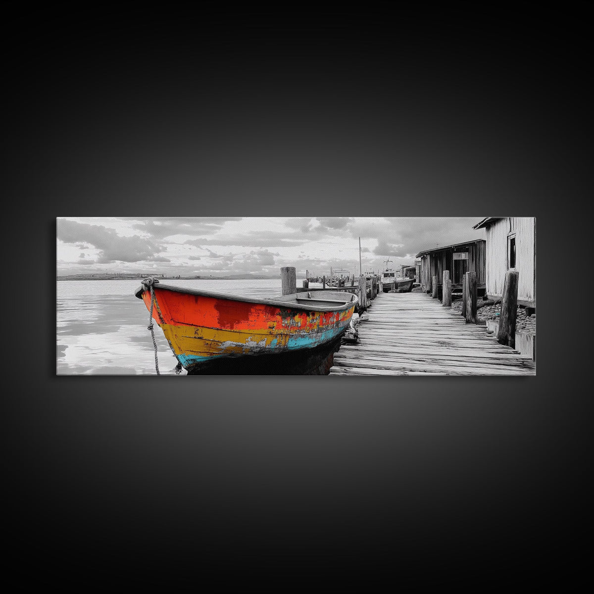 Fishing Boat, Rustic Dock, Weathered Wood, Vintage Vibes, Framed Canvas Print, Seaside Decor, Coastal Wall Art, Lake House Aesthetic
