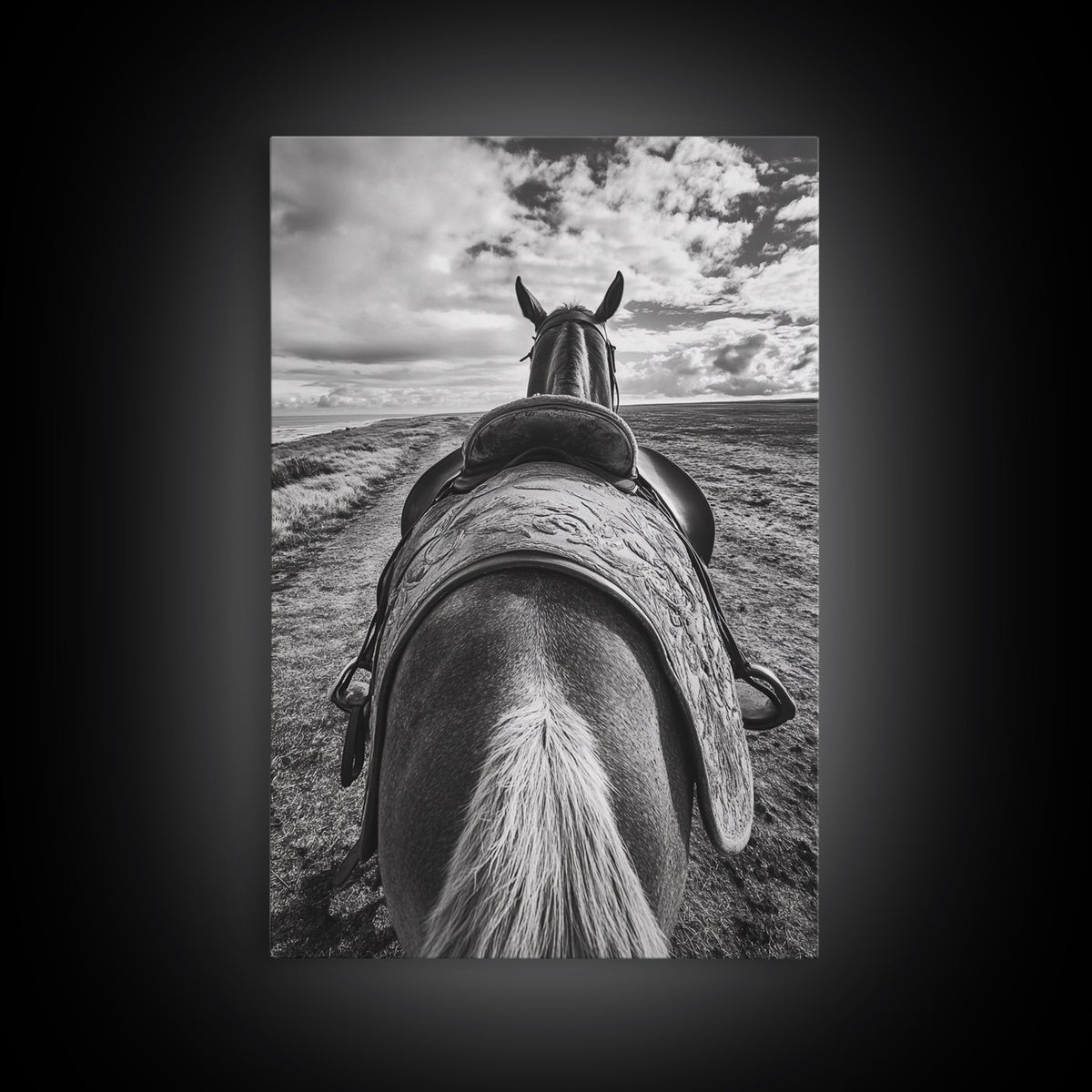 Horseback View, vintage horse art, equestrian decor, rustic wall art, western home decor, moody art, framed canvas print, farmhouse art
