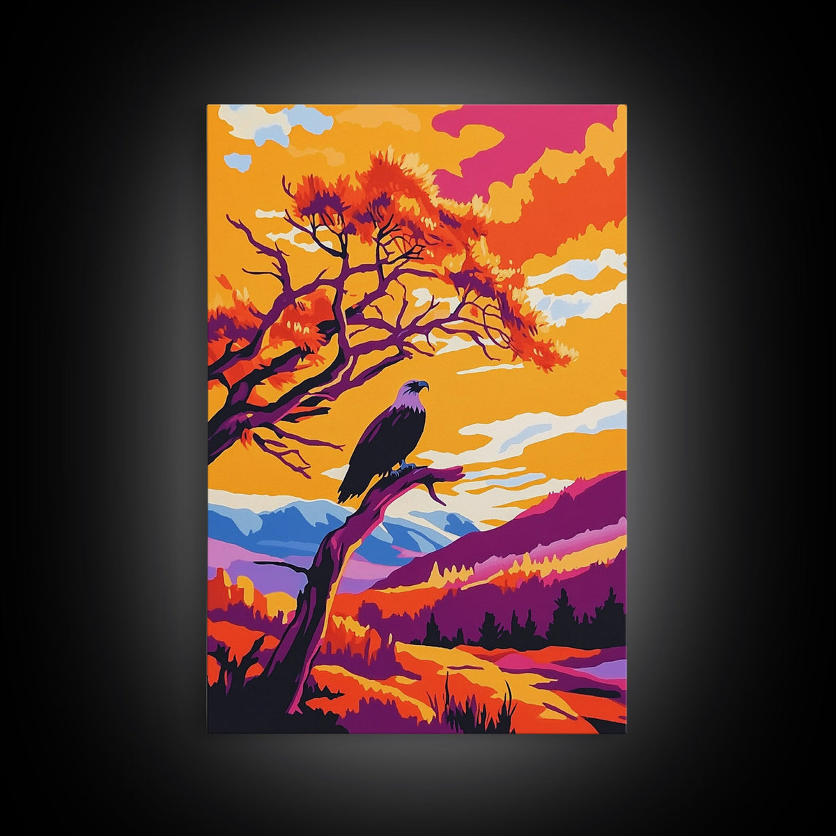 Vibrant Eagle, autumn colors, orange sunset, bold wall art, wildlife art, rustic decor, framed canvas print, mountain painting