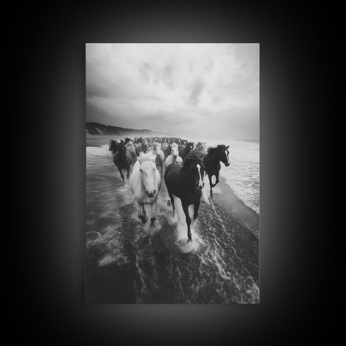 Horse wall art, wild mustangs, moody art, rustic decor, nature photography, black and white art, panoramic art, canvas print, living room art