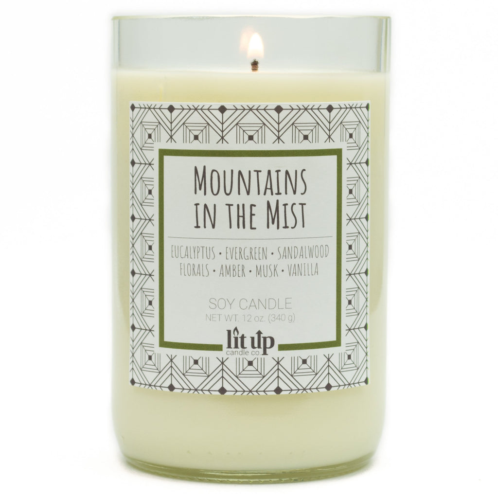 Mountains in the Mist 12 oz. soy candle in upcycled wine bottle | Eucalyptus, Sandalwood, Vanilla