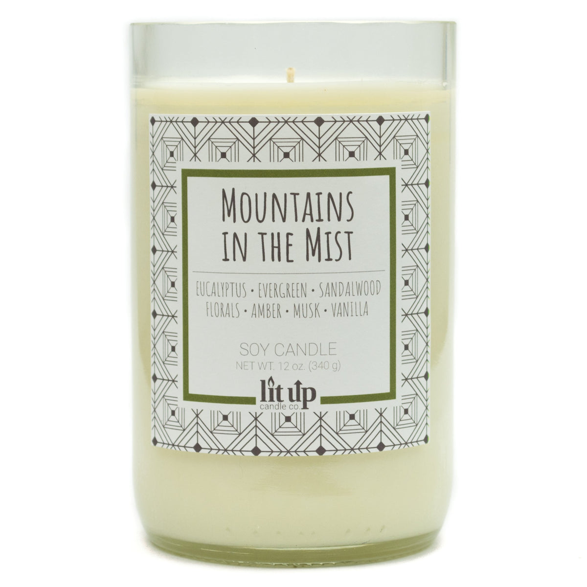 Mountains in the Mist 12 oz. soy candle in upcycled wine bottle | Eucalyptus, Sandalwood, Vanilla