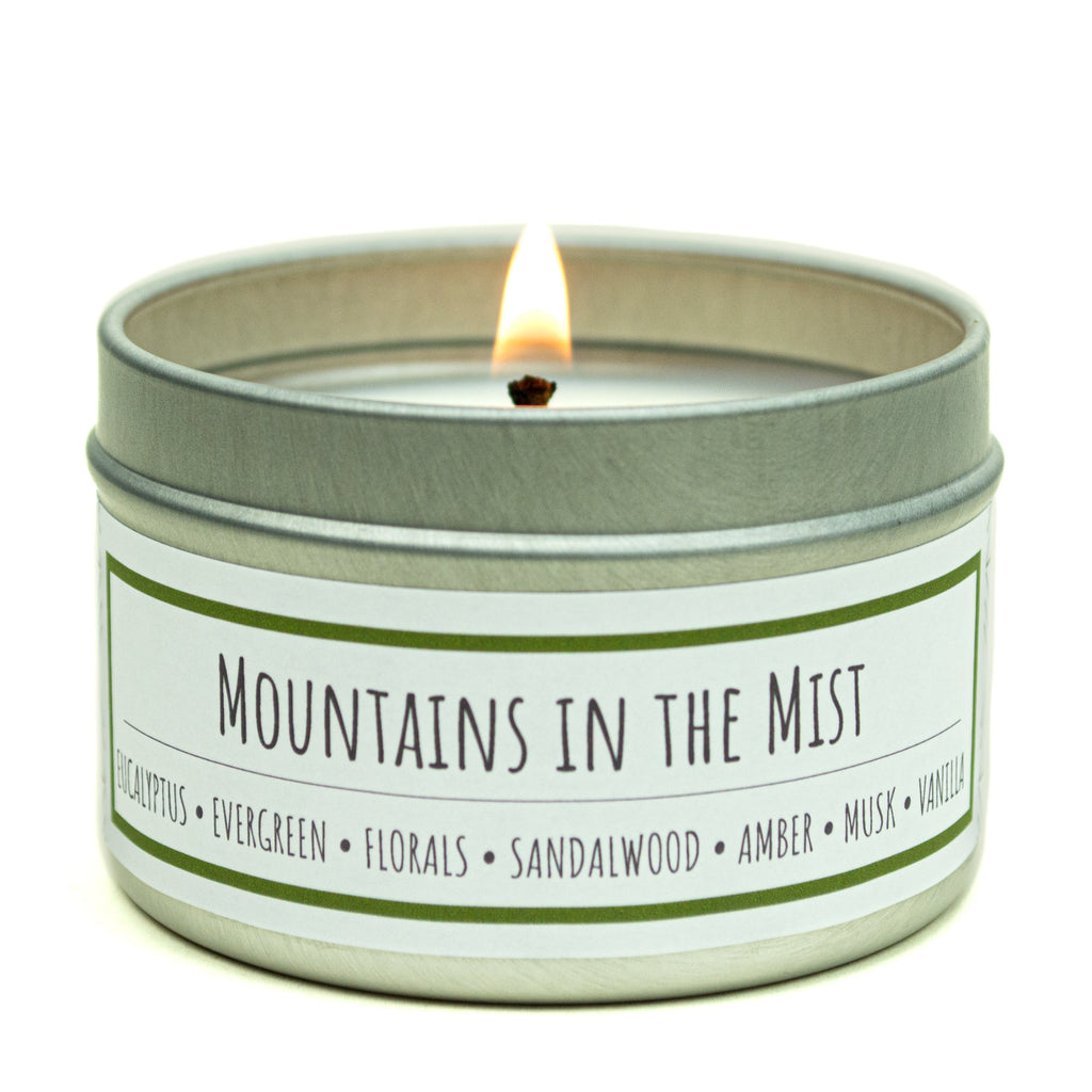Mountains in the Mist 3 oz. soy candle in travel tin | Eucalyptus, Sandalwood, Vanilla