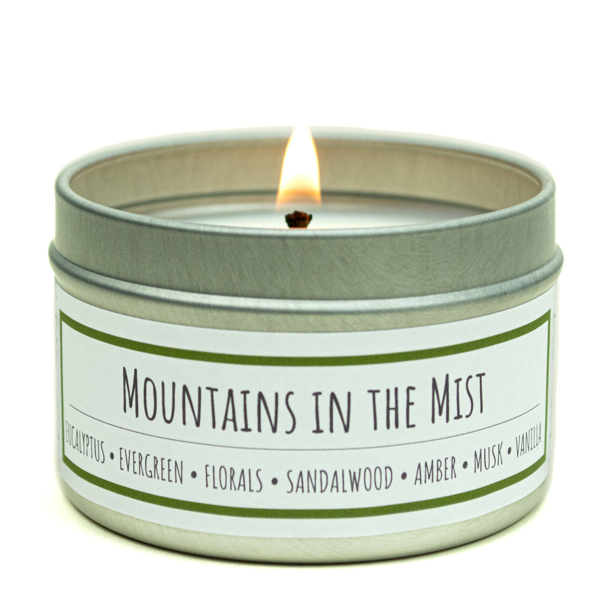 Mountains in the Mist 3 oz. soy candle in travel tin | Eucalyptus, Sandalwood, Vanilla
