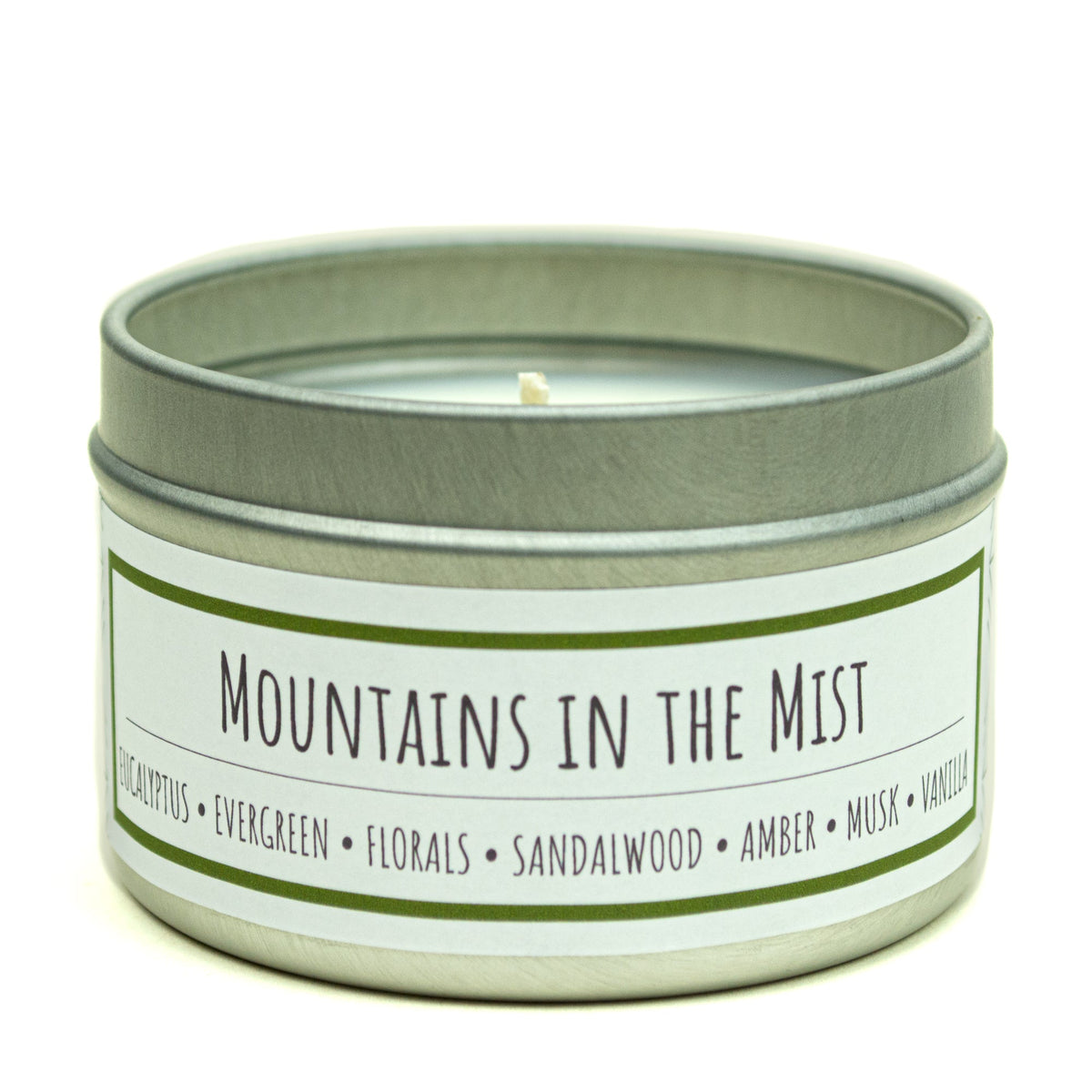 Mountains in the Mist 3 oz. soy candle in travel tin | Eucalyptus, Sandalwood, Vanilla
