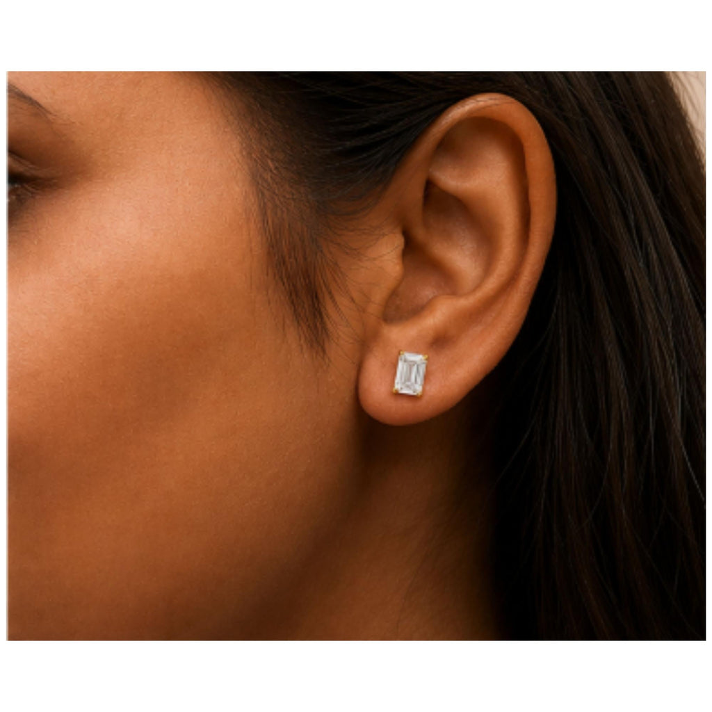 14K Gold Lab Grown Emerald Cut Diamond Solitaire Stud Earrings