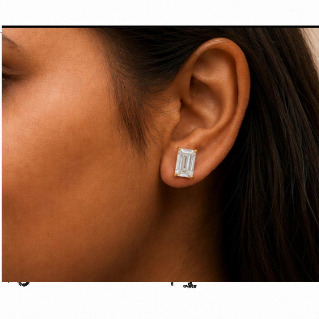 14K Gold Lab Grown Emerald Cut Diamond Solitaire Stud Earrings