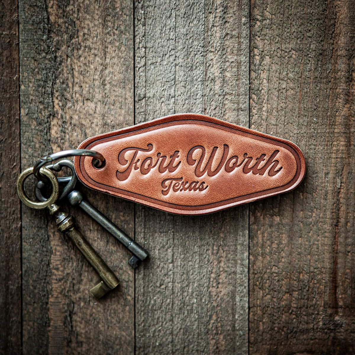 Fort Worth Texas Script Leather Keychain Motel Style